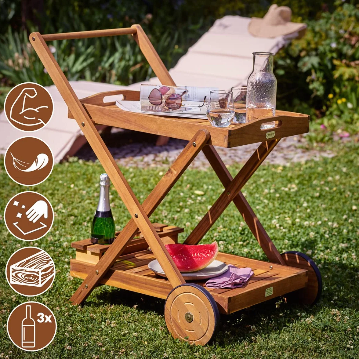 Casaria Carrello da Cucina Portavivande Legno di Acacia FSC 2 Ripiani Vassoio 3 Portabottiglie