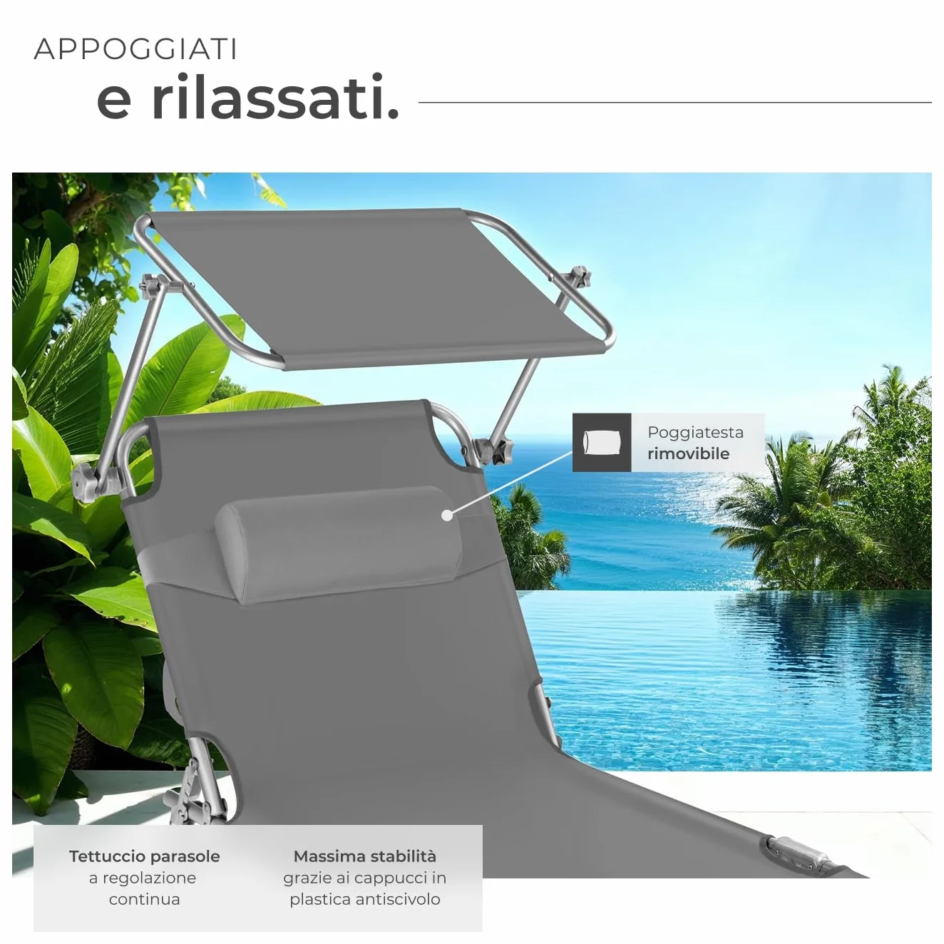 tectake Lettino Pieghevole con Parasole, Schienale Regolabile 4 Posizioni, Rivestimento Resistente - Grigio