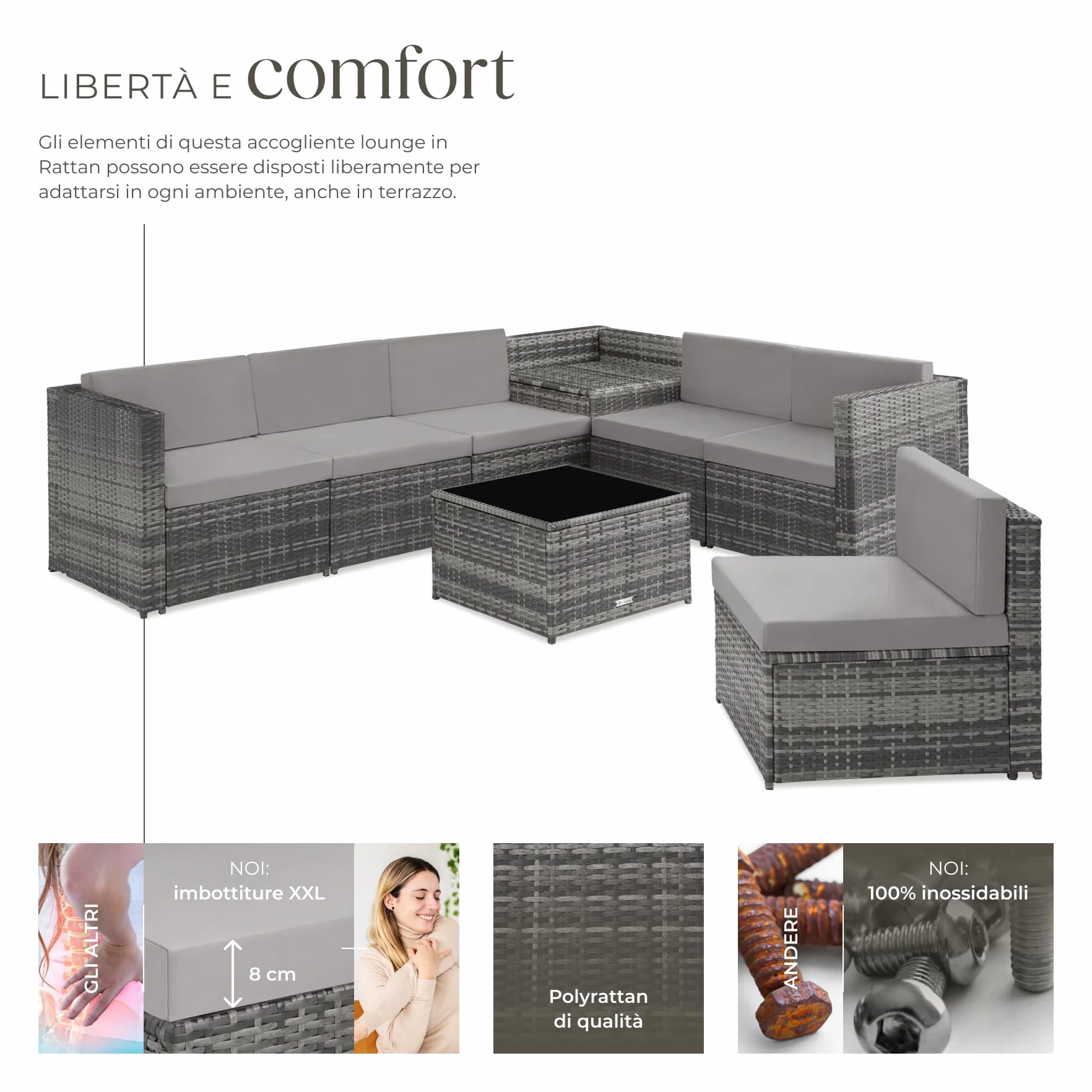 Salottino in Rattan Tectake Set da Conversazioni con Tavolo in Vetro e Box Contenitore Grigio