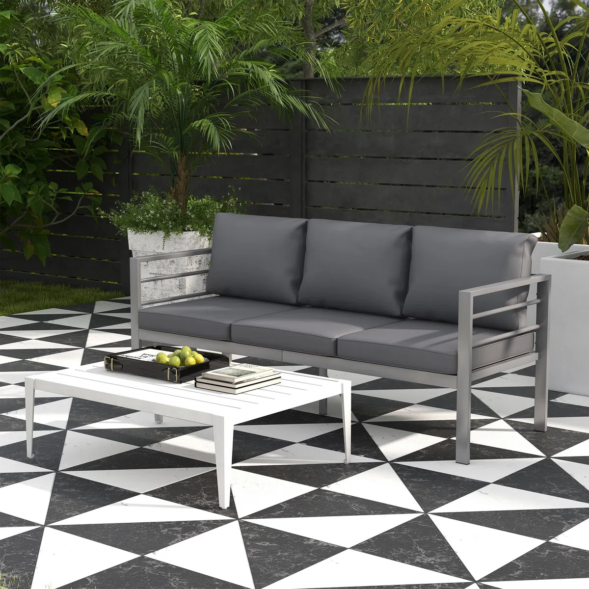 Outsunny Divano da Giardino 3 Posti in Alluminio con Cuscini per Seduta e Schienale, Divano Moderno, 185x66x64 cm, Grigio