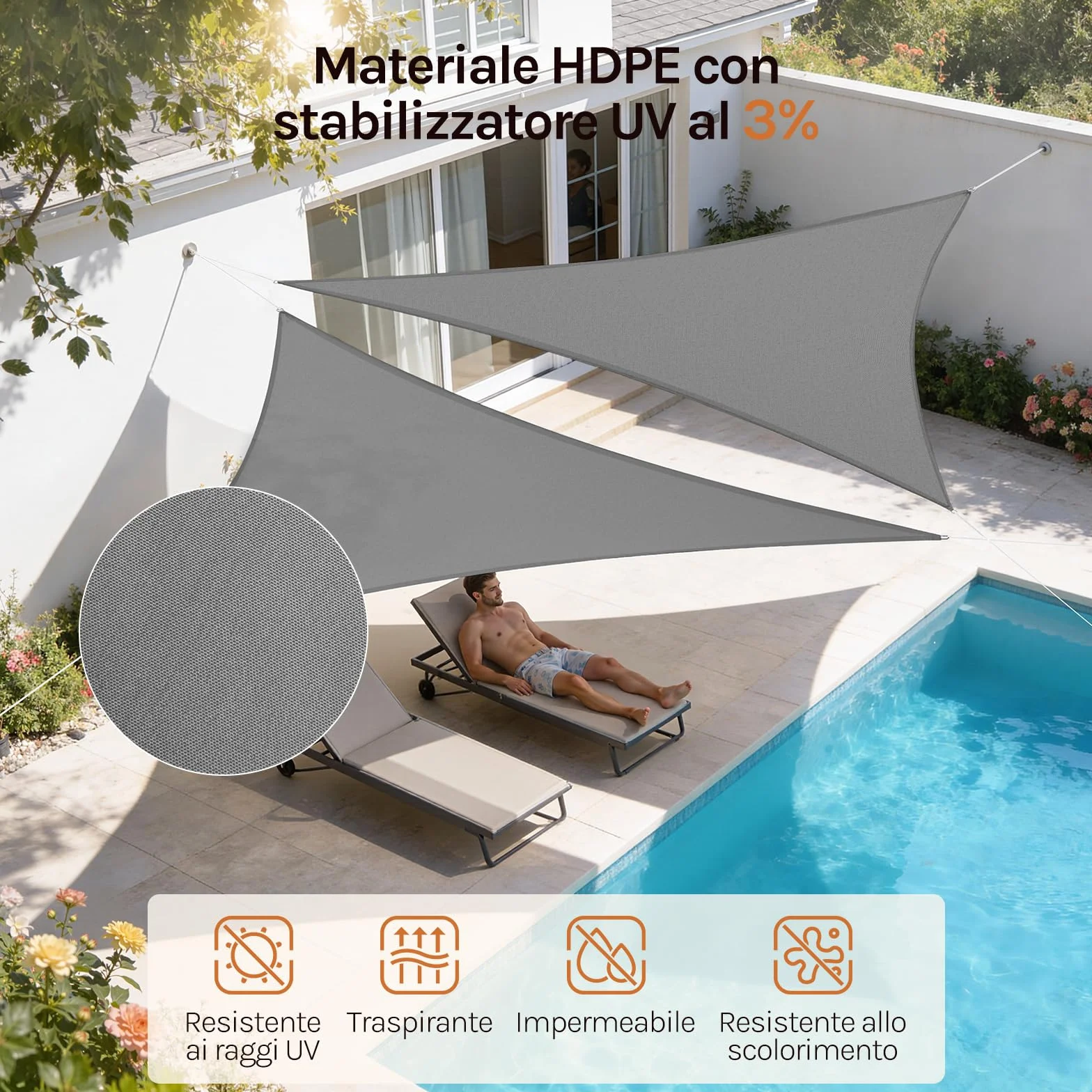 WOLTU Vela ombreggiante 5x7x7m HDPE 180 g/m² Traspirante Tenda a Vela Parasole Triangolare Anti UV Grigio