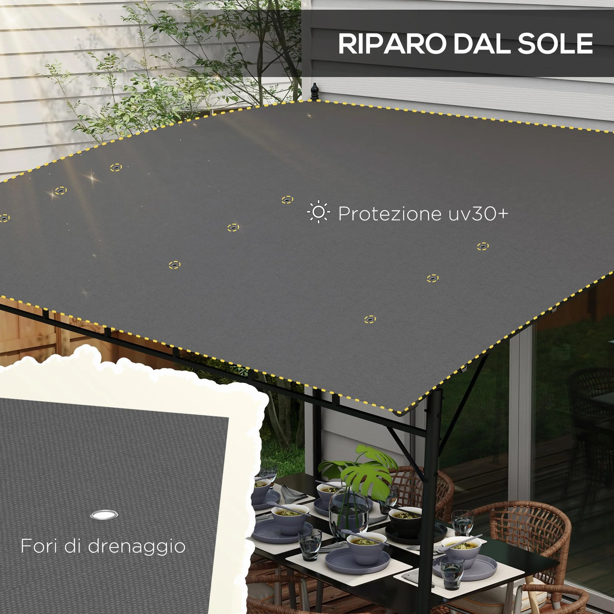 Outsunny Pergola Gazebo Metallica Tettuccio Poliestere 12 Fori Drenaggio 400x296x200/262 cm Grigio Scuro