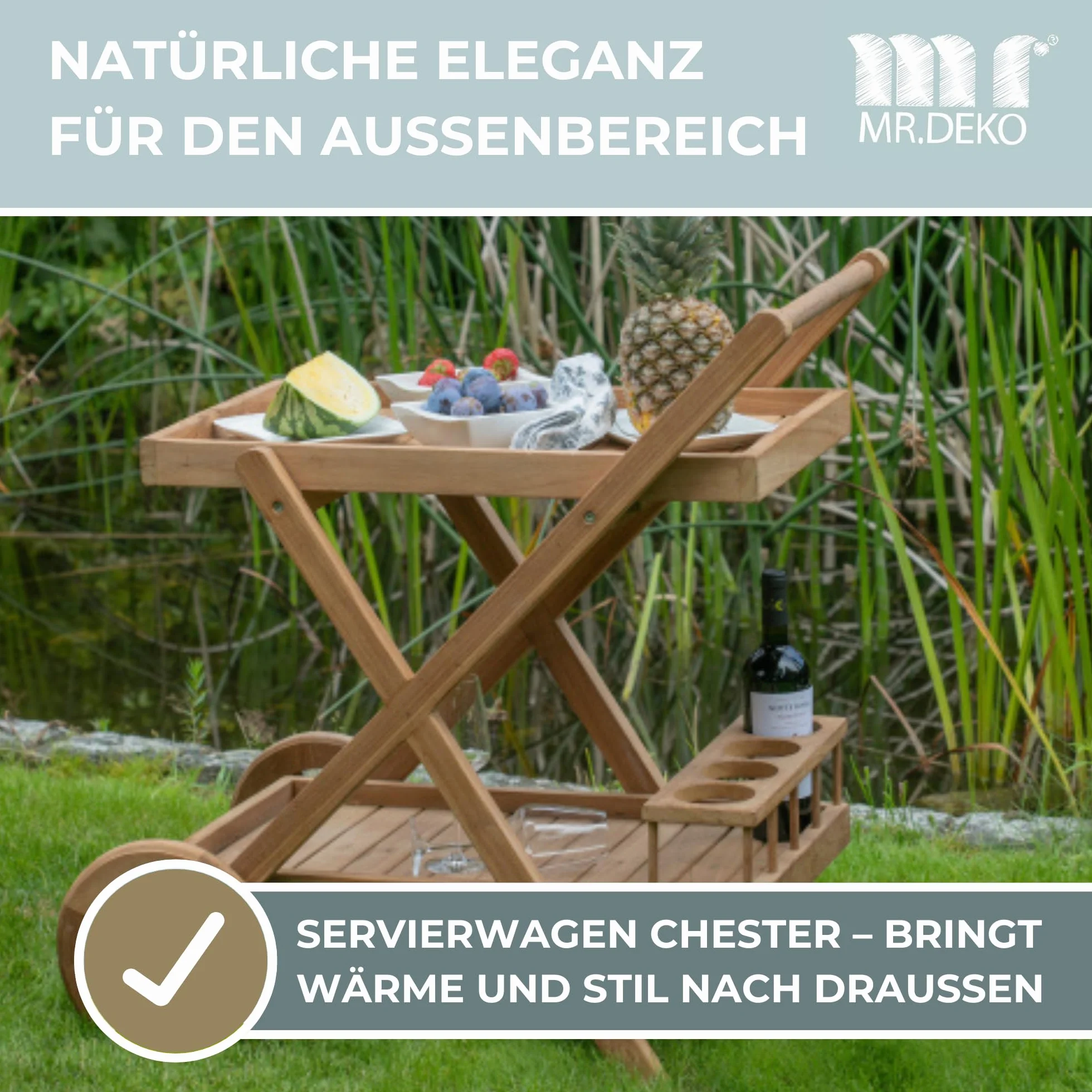MR. DEKO® Carrello da portata Chester in teak – Tavolo da giardino – Mobili da esterno