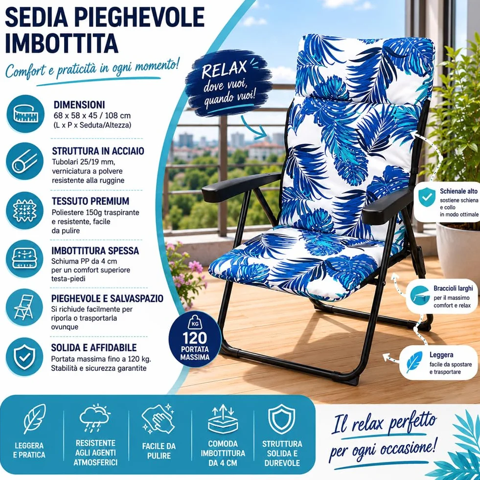 BAKAJI Sedia Sdraio Relax con Cuscino e Imbottitura ad Altissima Densità, Struttura Pieghevole Salvaspazio, Design Floreale, Braccioli Ergonomici, Ideale per Interno ed Esterno, 68 x 58 x 45 x 108 cm