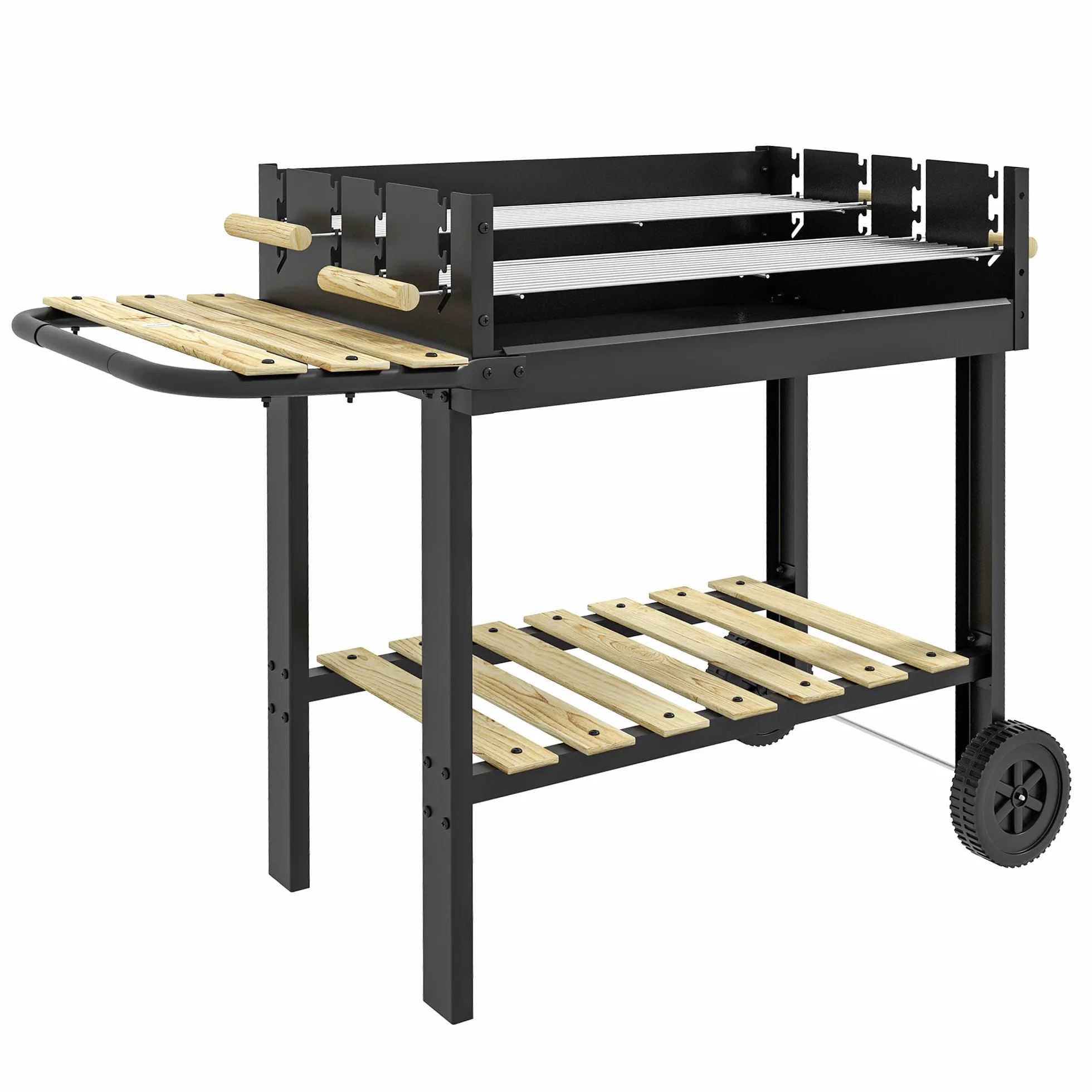 Outsunny Griglia per Barbecue a Carbonella Regolabile 2 Griglie 2 Ripiani Rotelle 113x53.5x82.5 cm Nera