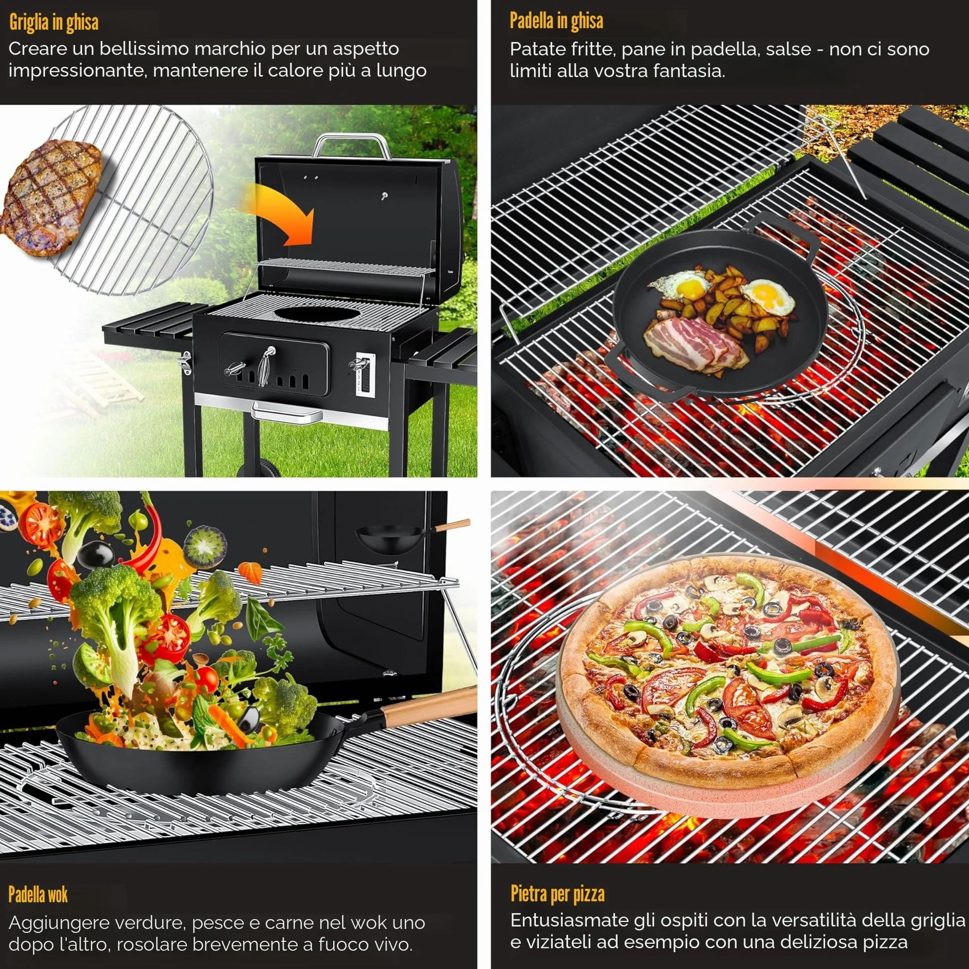 KESSER® Barbecue a carbonella XXL con Carrello, Coperchio, Acciaio Inox, Griglia e Termometro