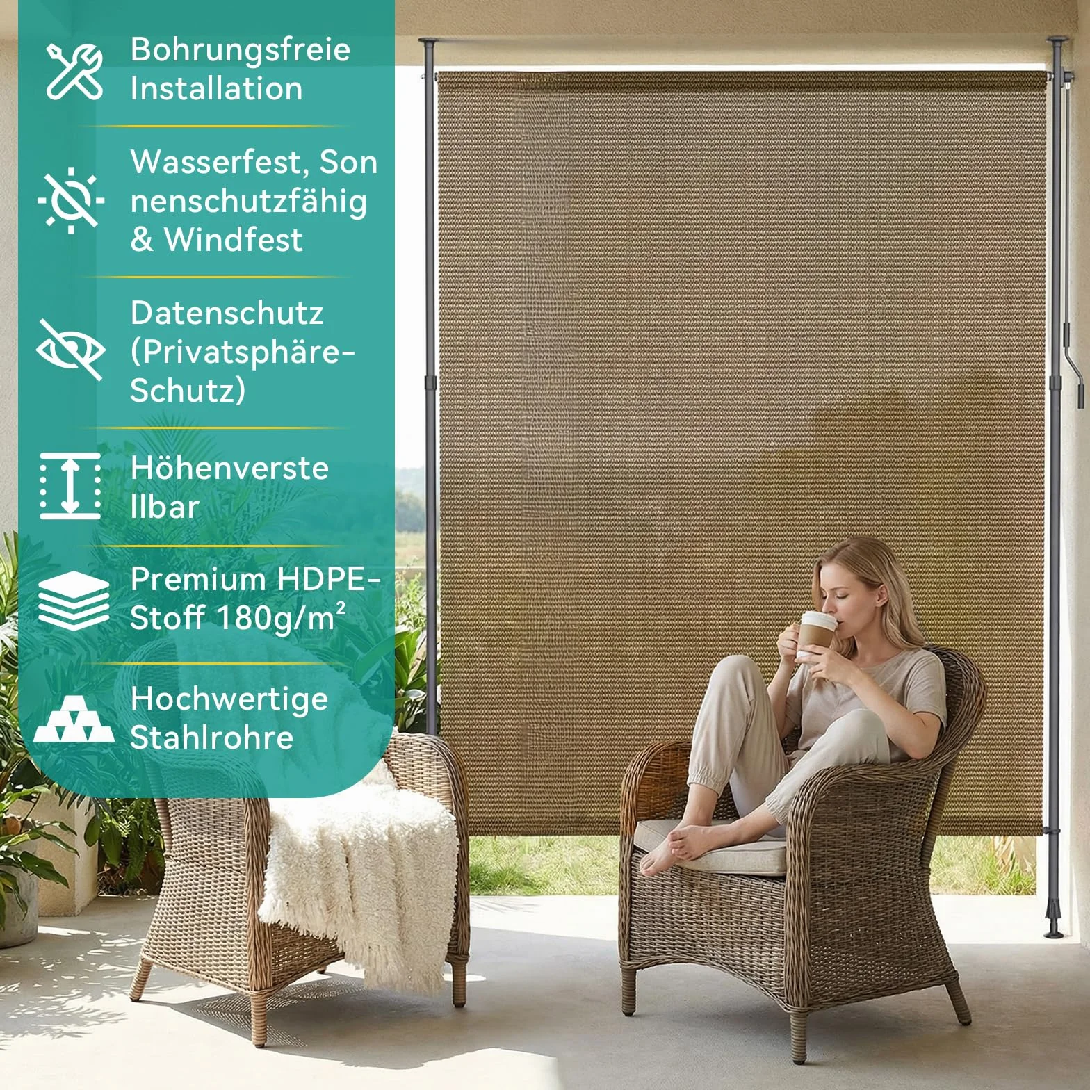 LIFERUN Tenda Verticale HDPE 200×310 cm Marrone, Tenda a Pinza Estensibile Senza Forare, Protezione Solare UV, Antivento, per Balcone Giardino Terrazza