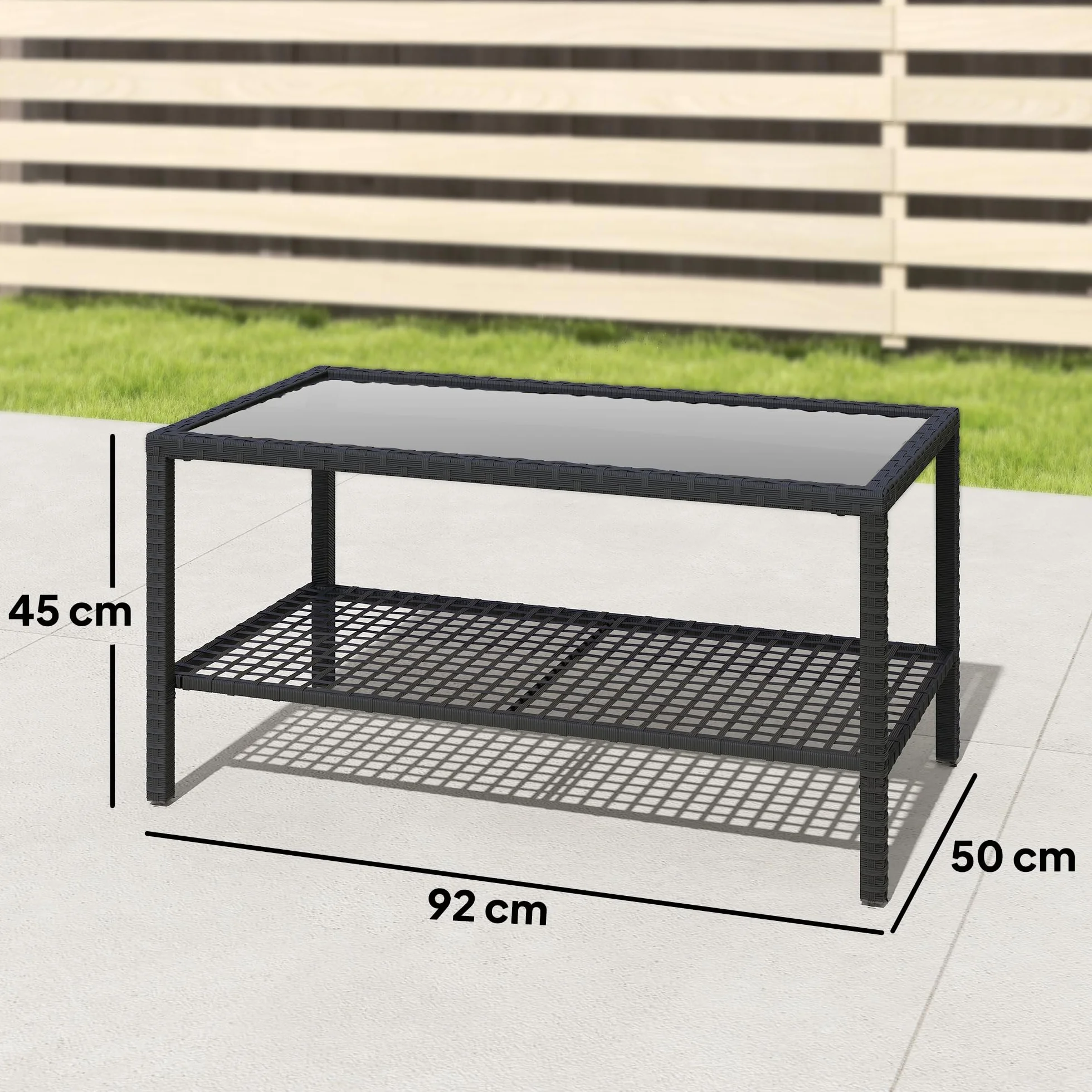 Outsunny Tavolino da Caffè in Rattan a 2 livelli con Ripiano, Piano in Vetro Temperato, Tavolino da Esterno con Struttura in Acciaio, 92x50x45 cm, Nero