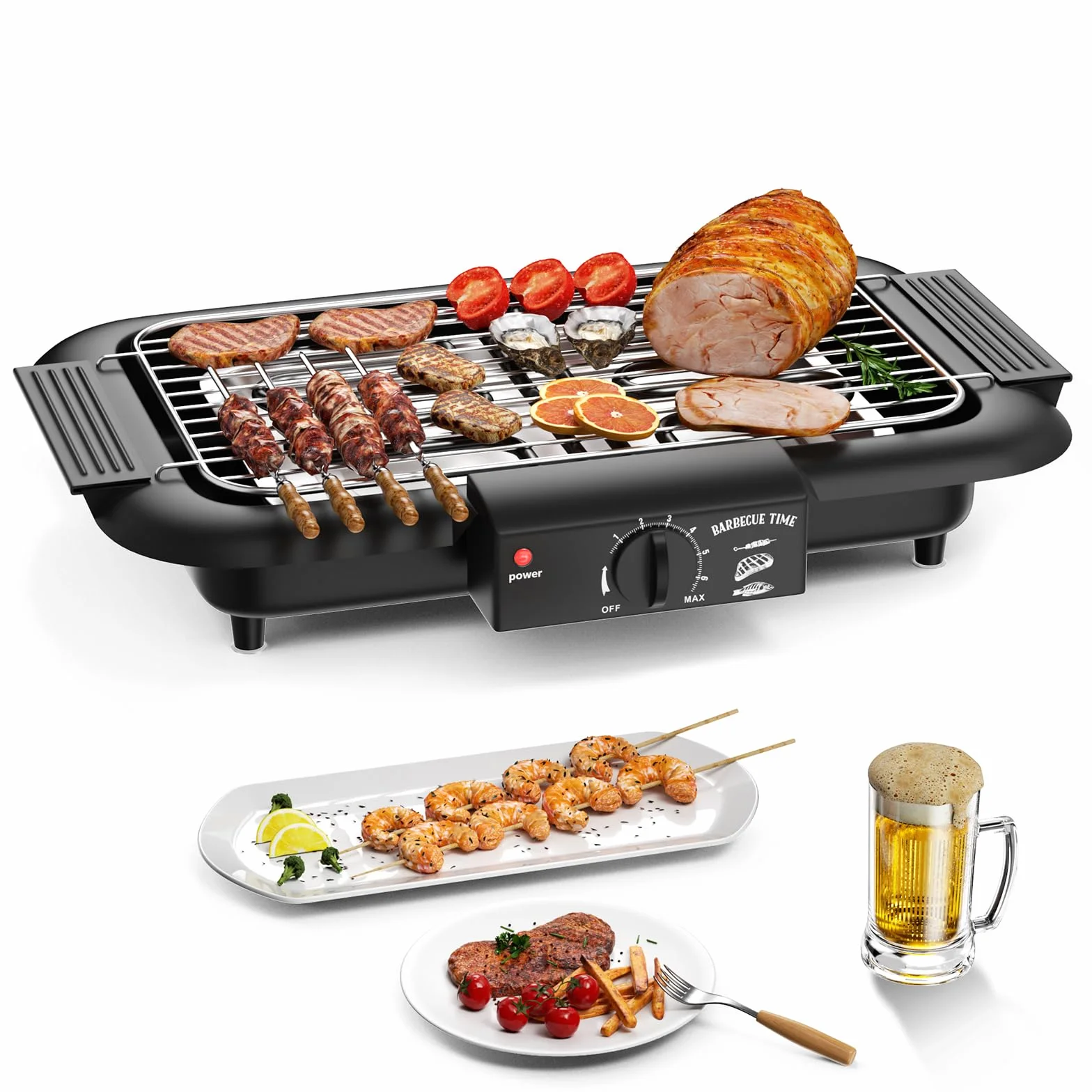 Barbecue elettrico 2000 W antiaderente senza fumo per interni esterni griglia portatile rimovibile doppio tubo nero