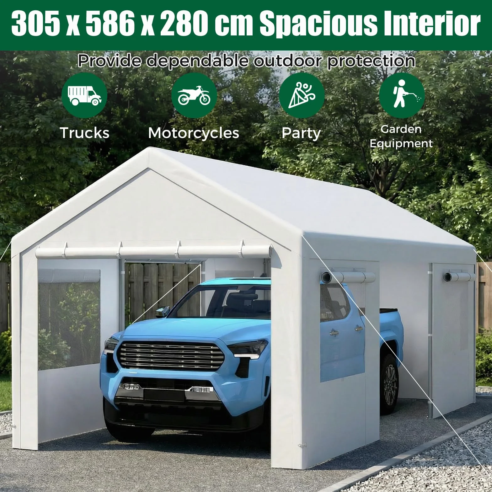 Tenda Garage Auto Esterno Tettoia Telaio Metallo Copertura PE Resistente Intemperie Capanno Giardino Bianco 305x586x280 cm