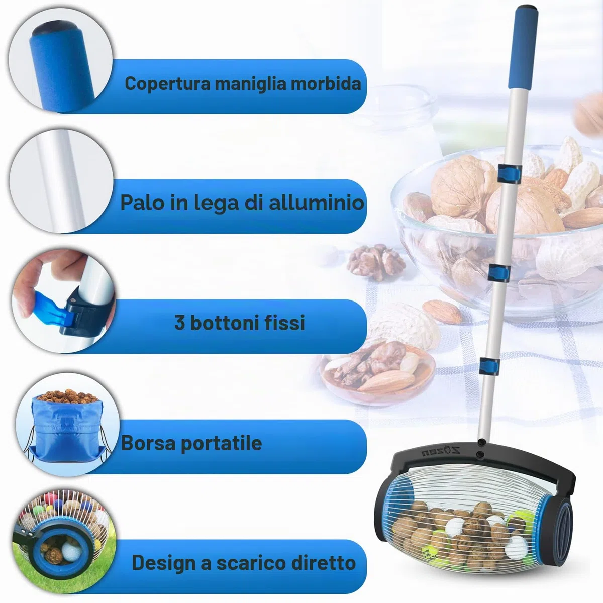 zozen Raccolta/Raccoglitore di Noci, Coperchio Laterale per Aprire Il Design,Noci di Hickory, Palle a Punta, Golf, Oggetti da 2,5 cm a 6,5 cm; 1,4 m (Grande)
