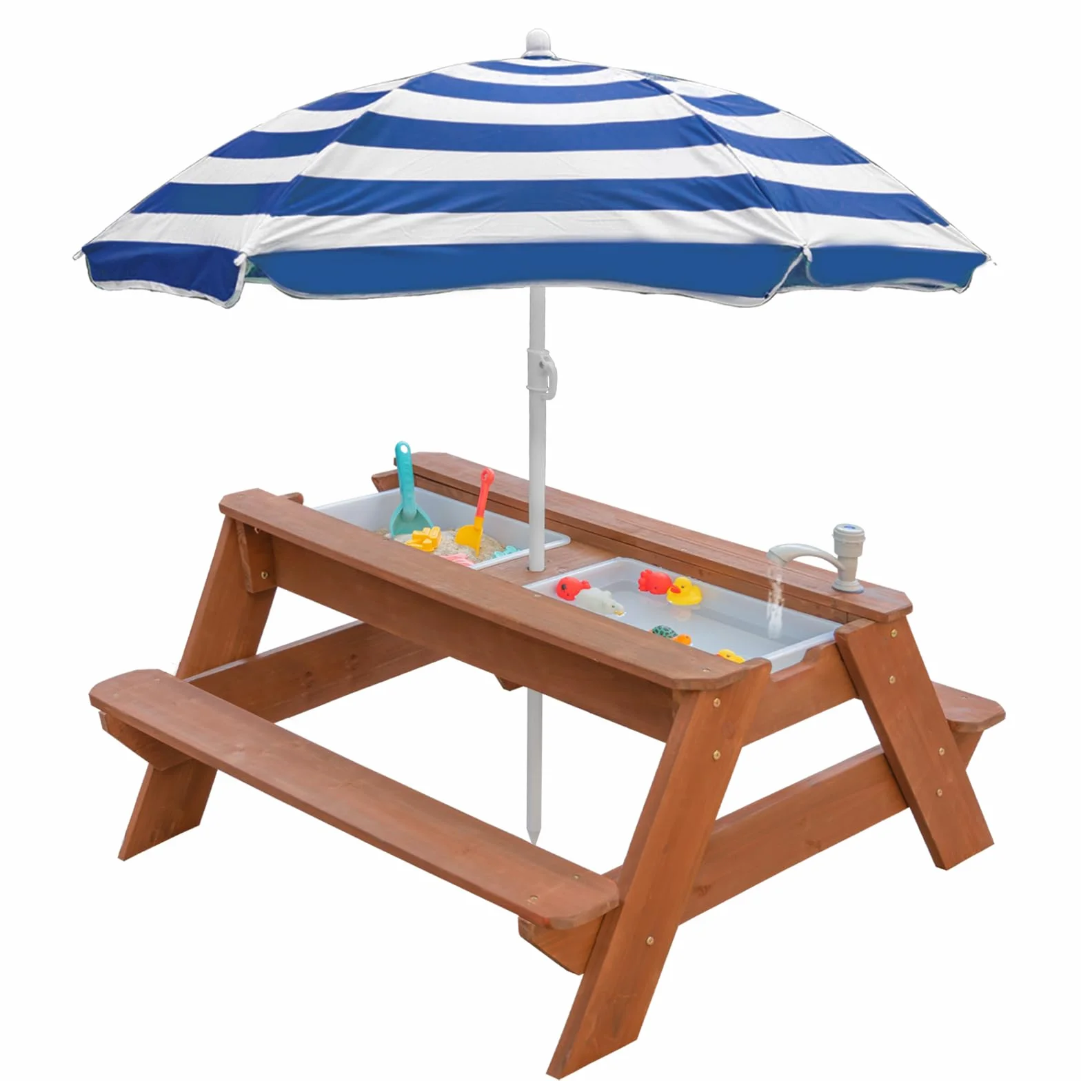 Kids - Tavolo da picnic 3 in 1 per attività in legno e acqua, per esterni, trasformabile, con ombrello, 2 scatole da gioco, parte superiore rimovibile, per esterni (Brown/Navy)