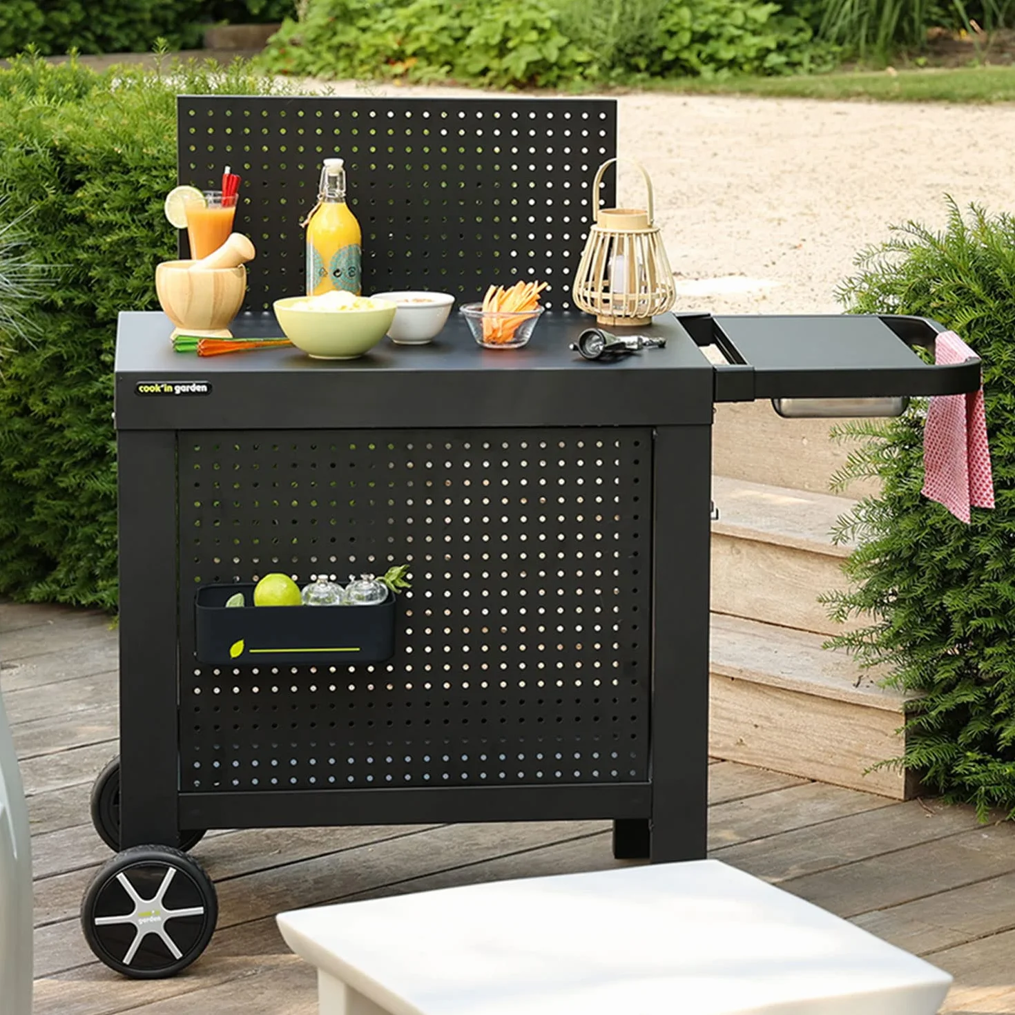 Desserte da giardino Reva 110 Premium, carrello con piano di lavoro e credenza amovibile, mobile su ruote