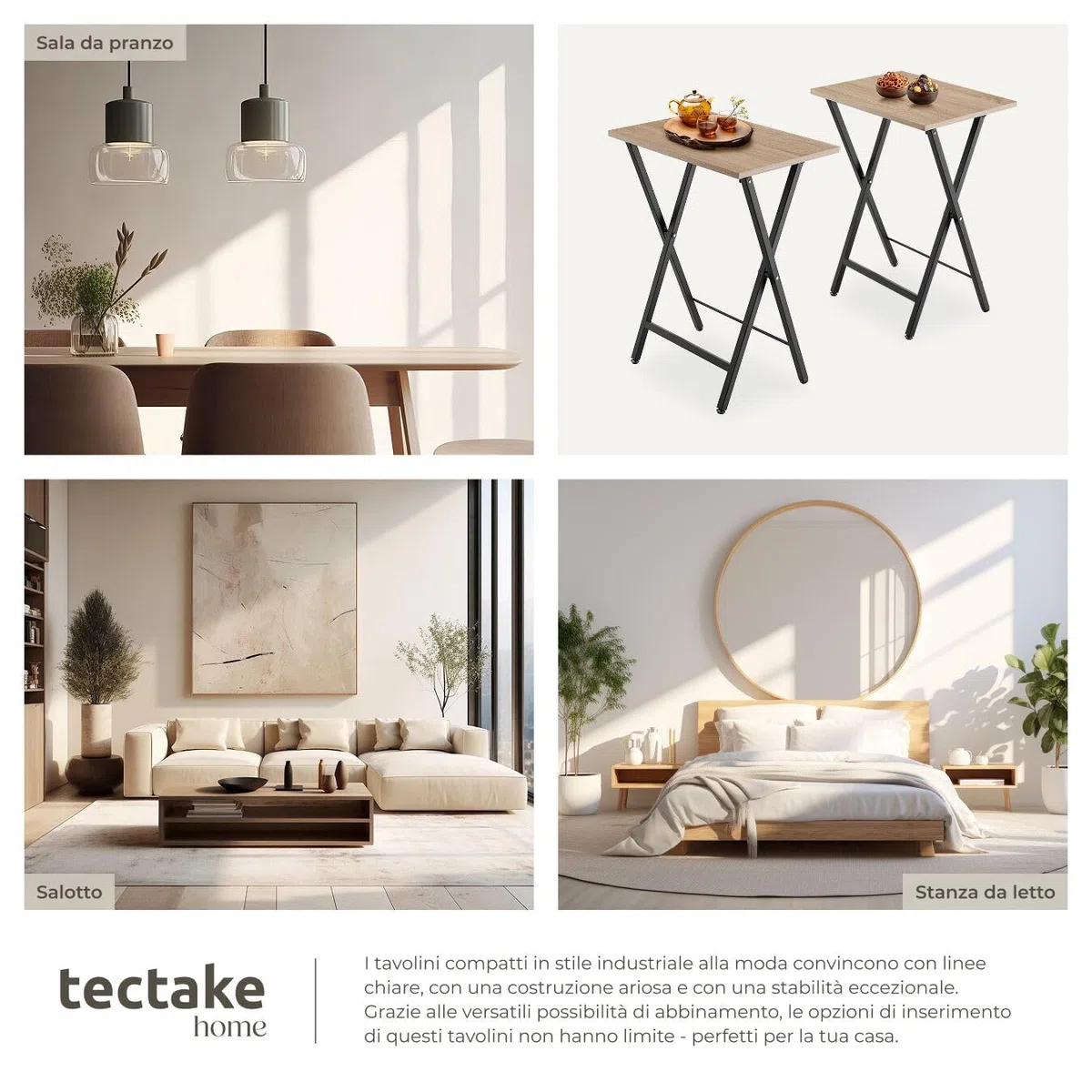 tectake 801167 Set di 2 tavolini Phoenix, Pannello in truciolato effetto legno, Stabile telaio in acciaio (Industriale legno chiaro, rovere Sonoma)