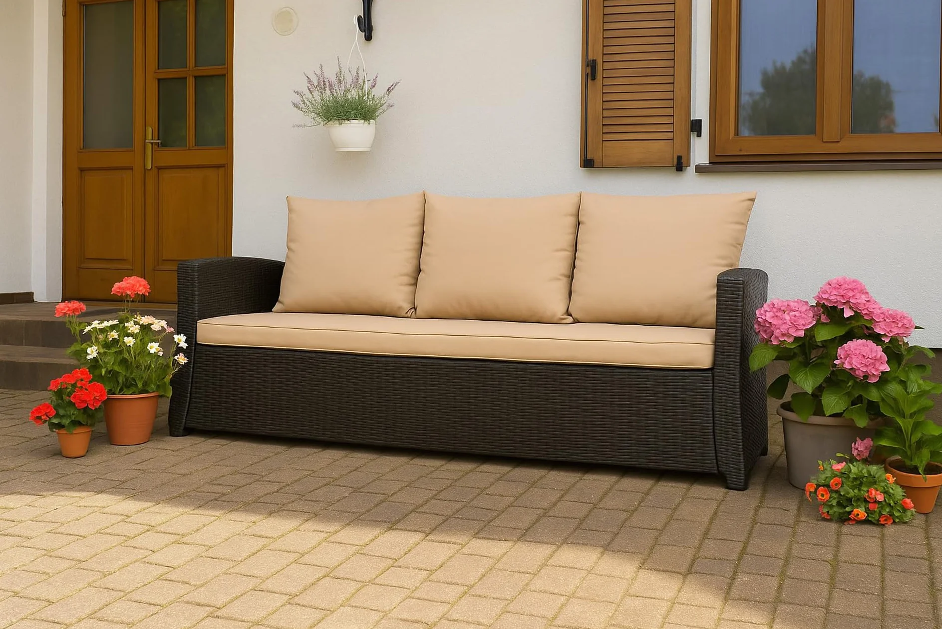 Cuscino per panchina da esterno per panca da giardino con imbottitura in polirattan - Cuscino per panca per dondolo in rattan (Beige, 110x60x50cm)