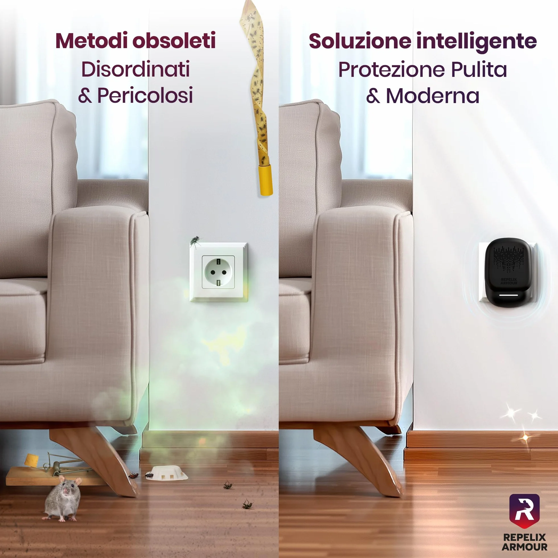 Repellente ultrasonico per parassiti da interno 140m² 3 modalità Confezione da 2