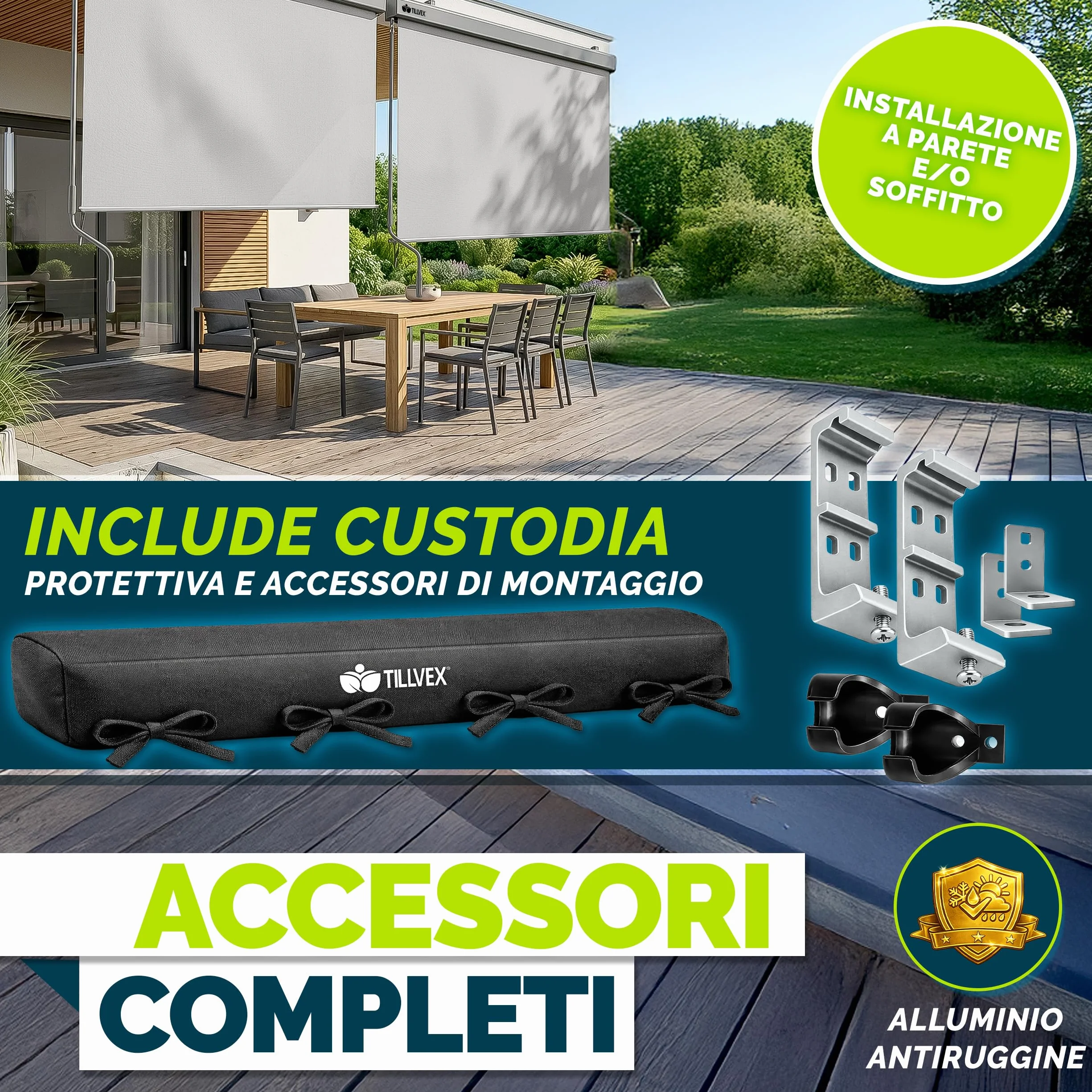 Tillvex Tenda da sole verticale 200 x 250 cm impermeabile con manovola in alluminio per balcone terrazza giardino