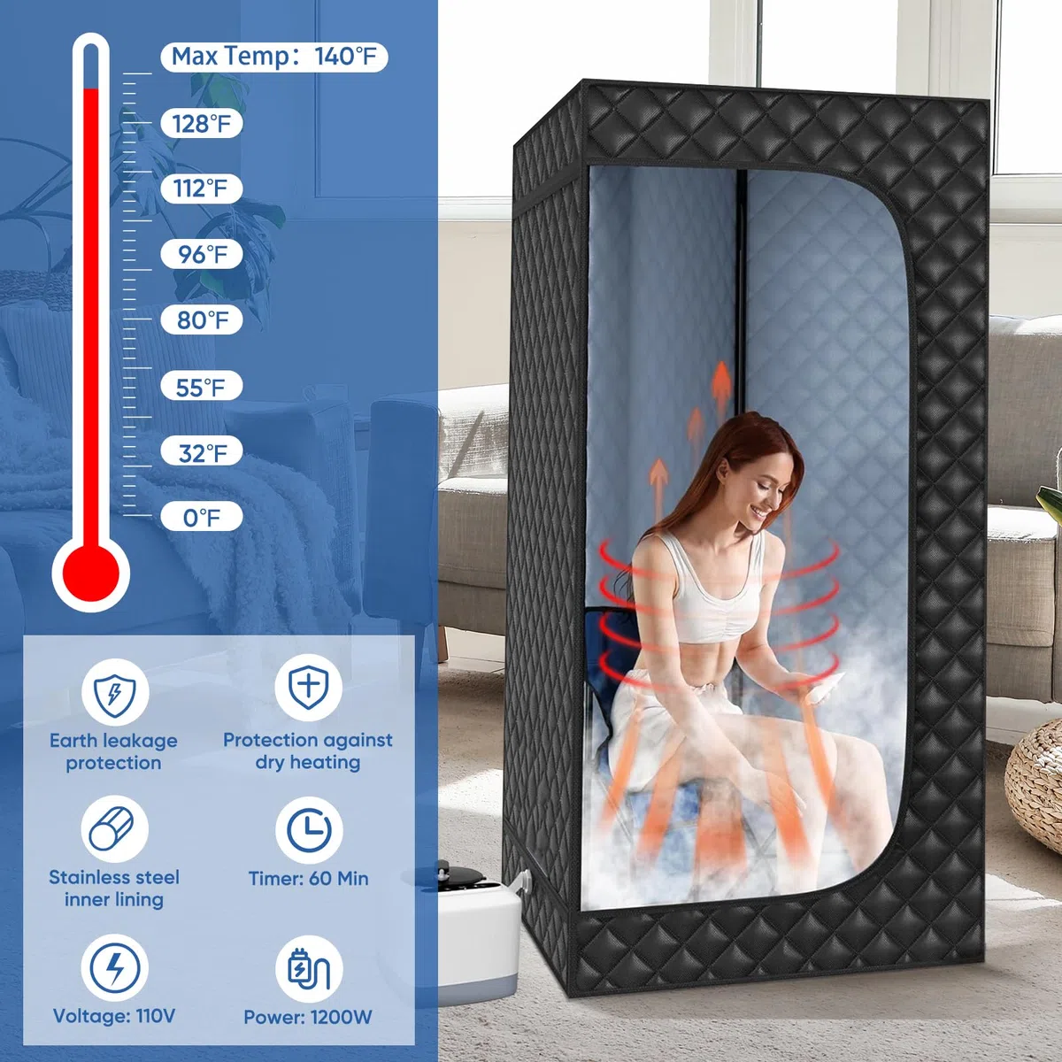 Sauna Portatile Pieghevole 1000W 90x90x180cm con Sedia Telecomando