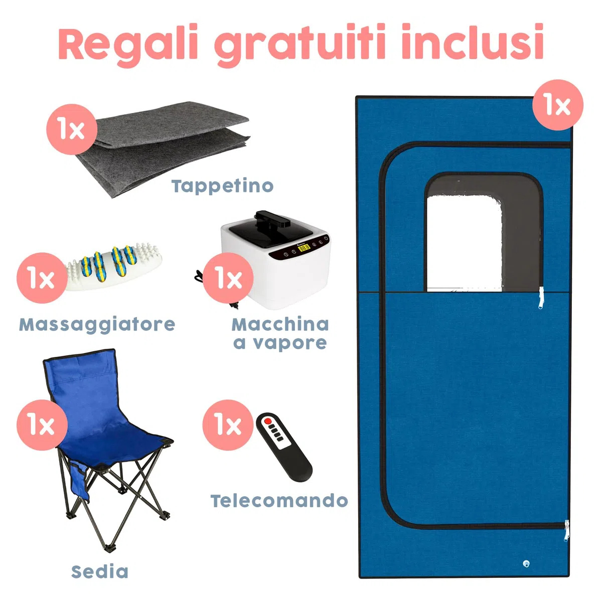Adamson Sauna Portatile a Vapore 1000W 2.6L Vasca Sauna da Casa Sedia Telecomando Massaggiatore Pedale Tappettino Antiscivolo Blu