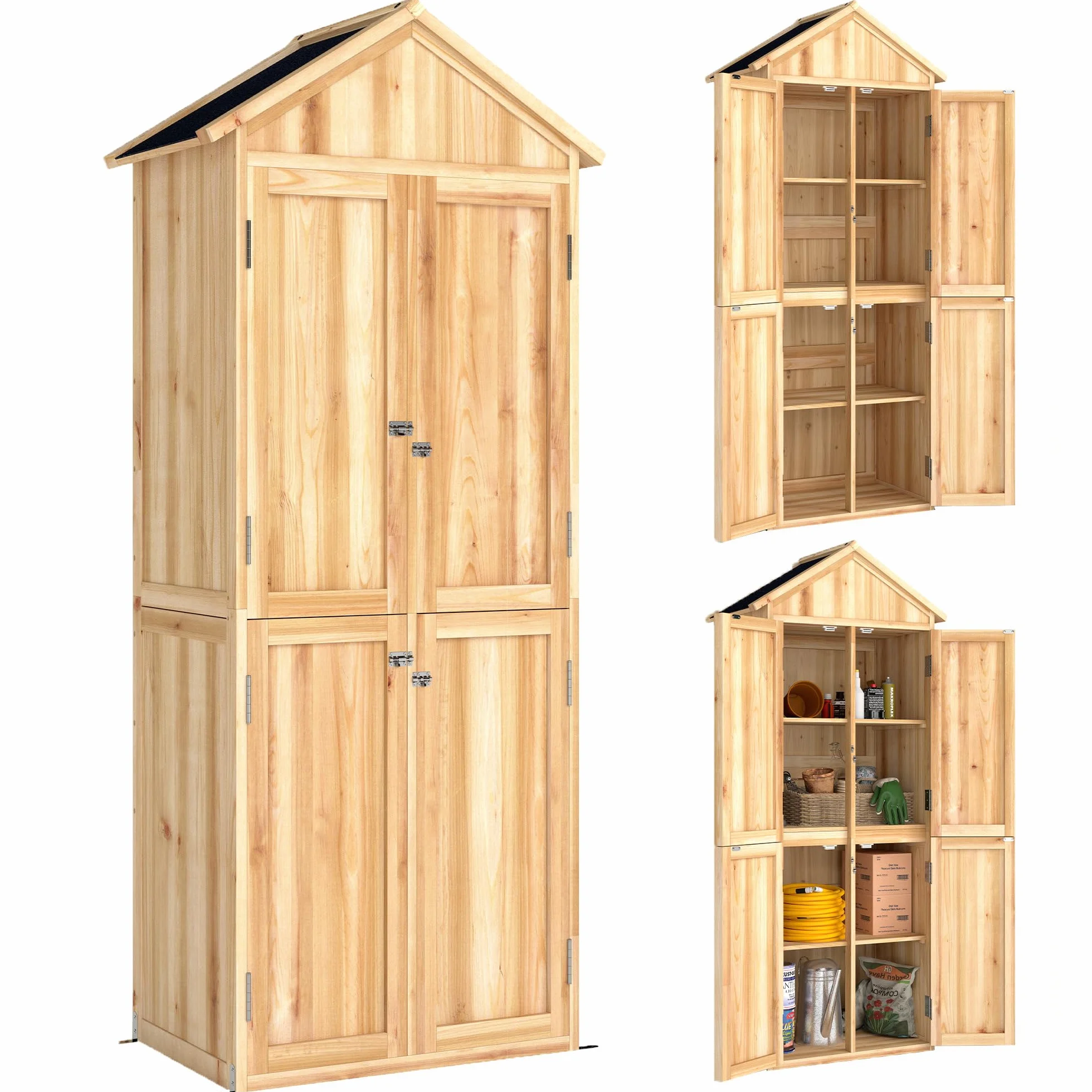 Outsunny Armadio da Giardino in Legno di Abete con Kit Antiribaltamento Casetta Porta Attrezzi da Esterno con Ripiani Rimovibili 4 Ante Bloccabili Tetto in Asfalto Inclinato 82x50x190 cm Color Legno
