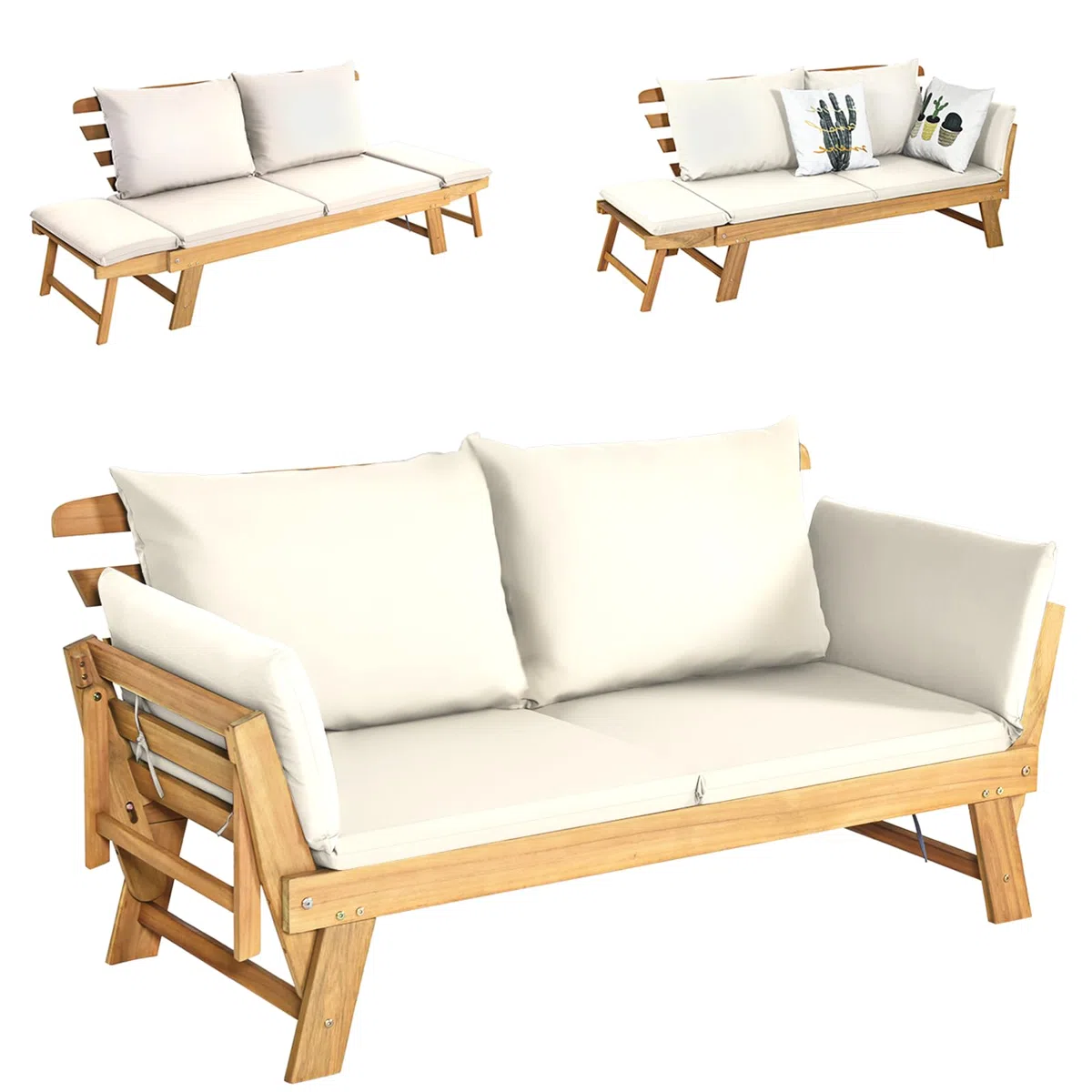 KOMFOTTEU Divano Esterno Giardino 2 Posti, 2 in 1 con Cuscino Morbido, Divanetto da Esterno in Legno di Acacia con Braccioli Regolabili, Sdraio per Terrazza e Cortile, 198/157 x 75 x 75 cm (Bianco)
