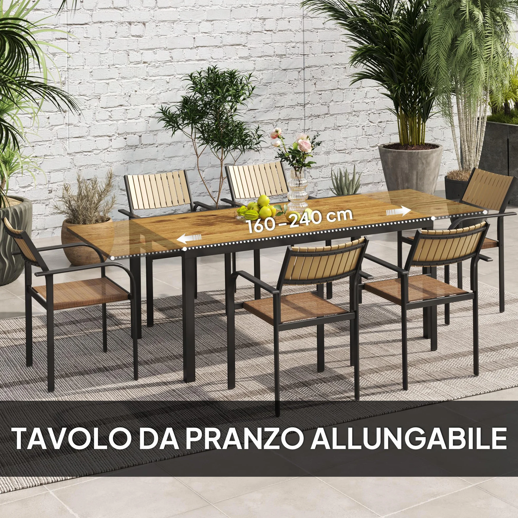 Outsunny Set Tavolo da Giardino Allungabile 7 Pezzi con Sedie Impilabili, Acciaio e Textilene, Marrone