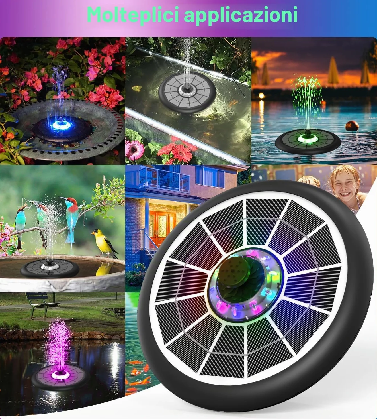 SZMP Fontana Solare, 10 Luci 5W, Pompa ad Acqua Solare Fontana con 7 Ugelli, 4 Fissatori, 4000mAh Batteria, Fontana da Giardino Esterno per Uccelli, Acquario, Vaso dei Pesci
