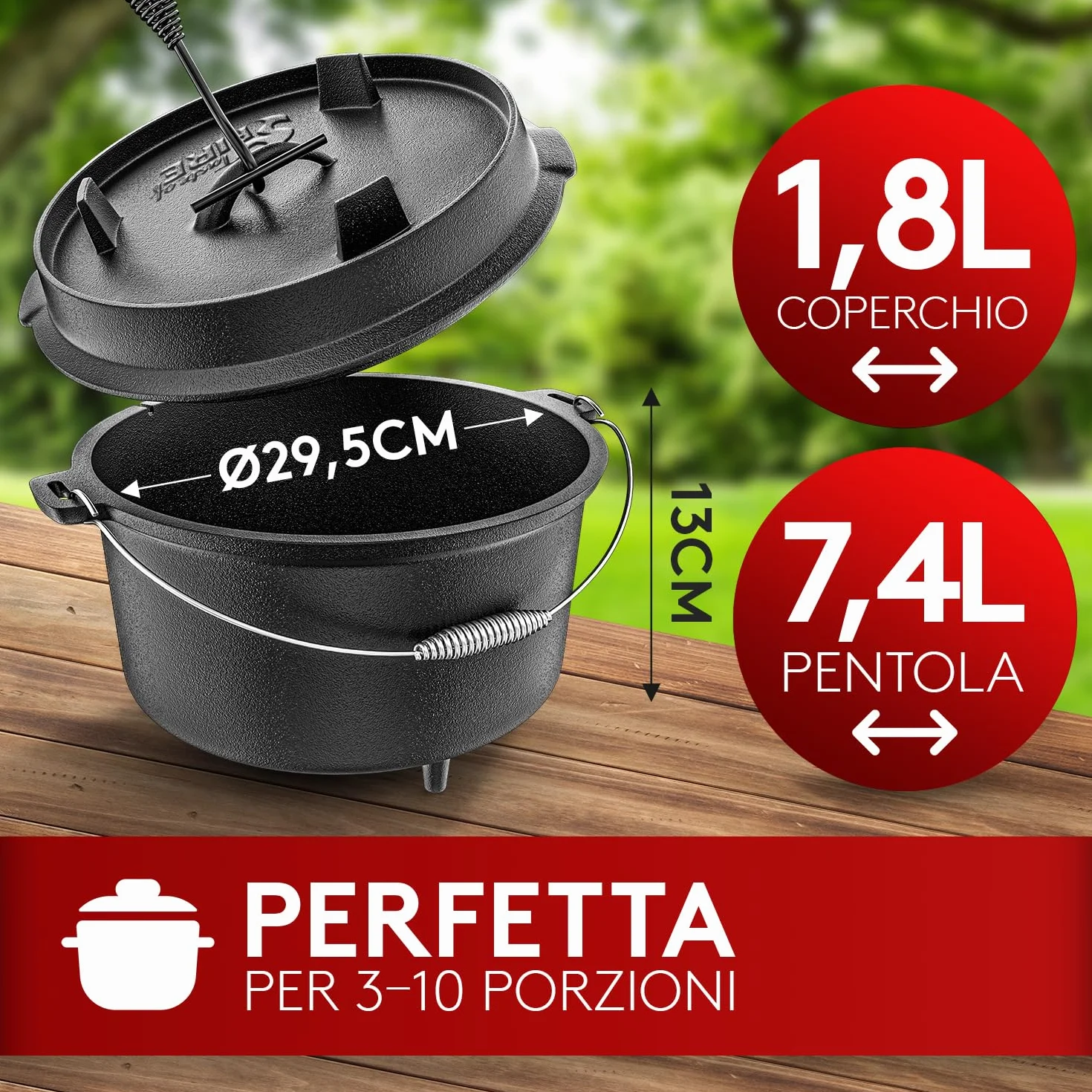 Taste of Fire [L'Originale] - Set Pentola Olandese in Ghisa da 7,4 Litri con Piedini & Coperchio da 1,8 Litri a Doppia Funzione Utilizzabile come Griglia – Include Solleva Coperchio