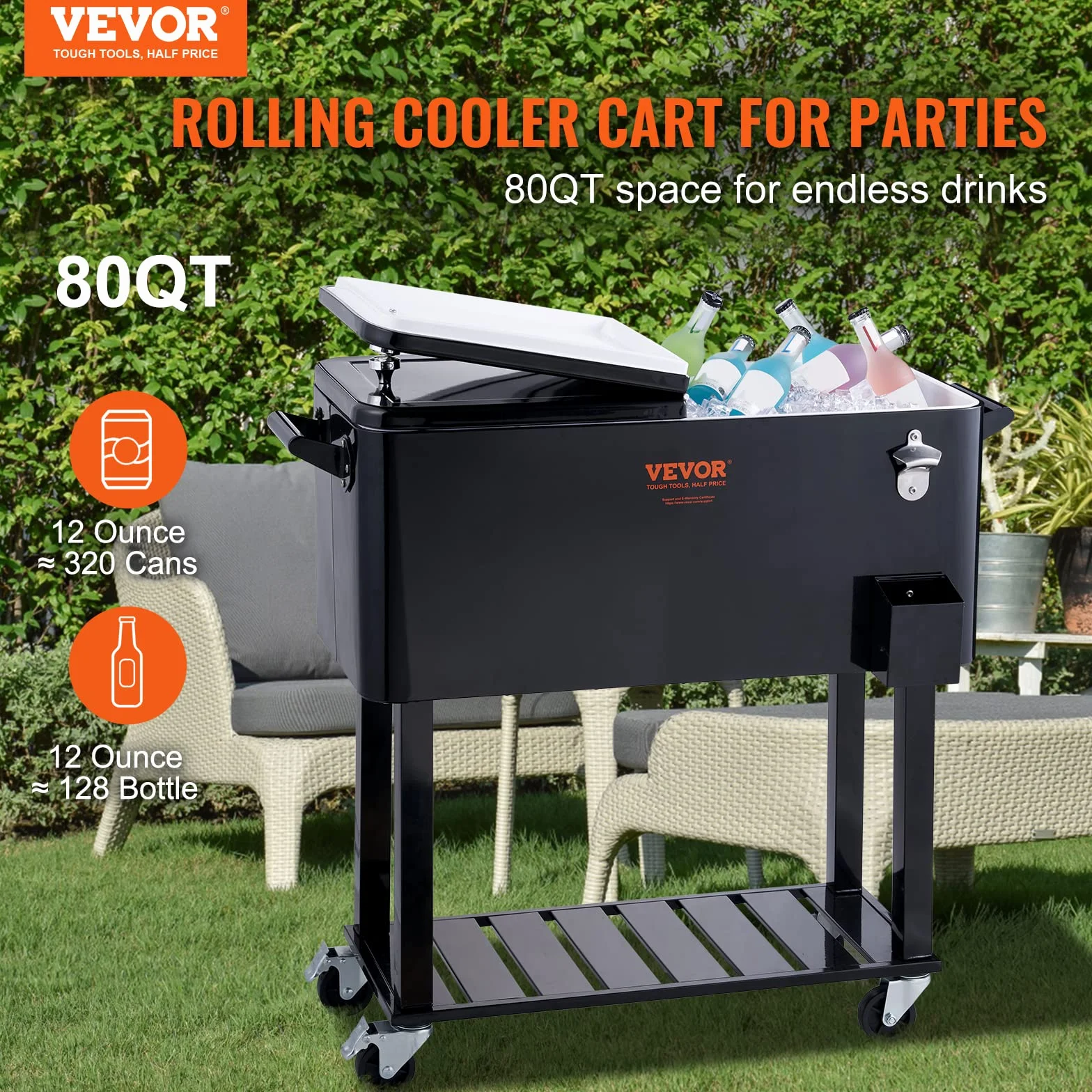 VEVOR Carrello Mobile Bar Mini Frigo Isotermico 80QT per Bevande con Apribottiglie per Feste Esterno