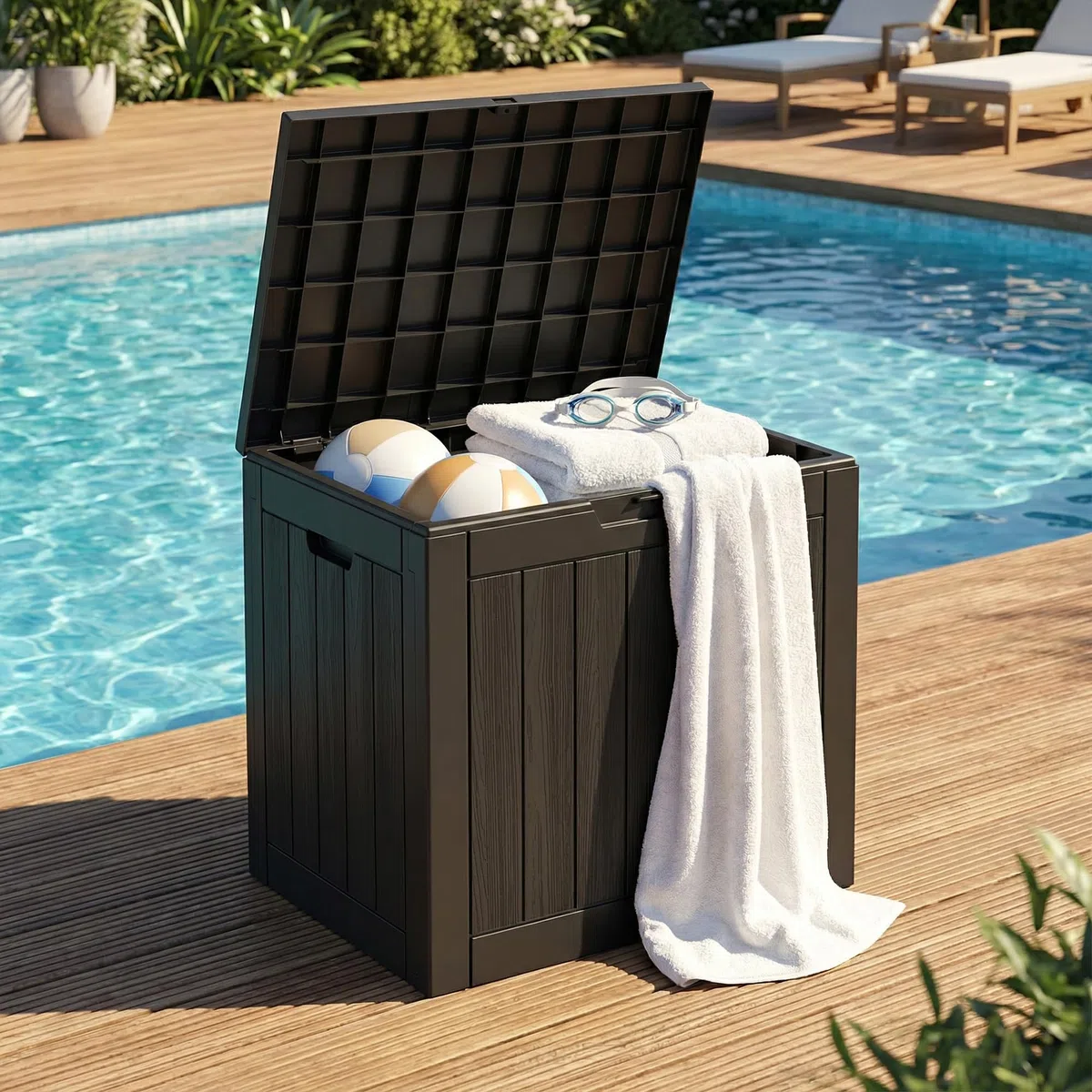AKORD Baule da Giardino Impermeabile 117L - Cassapanca Esterna in Polipropilene Effetto Legno - Scatola Contenitore per Balcone e Terrazza, 56x53,2x43,1 cm, Nero