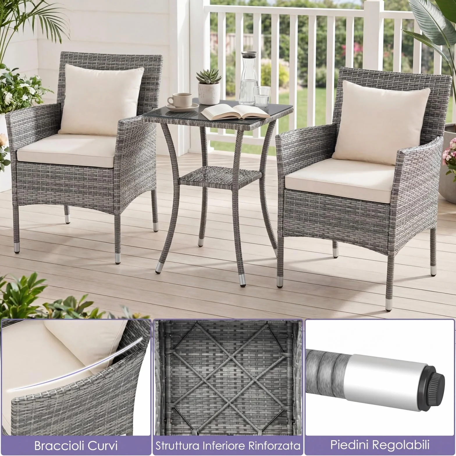 LIFEZEAL Salotto da Giardino in Rattan PE, Set 2 Divanetti con Cuscini Rimovibili e Tavolino in Vetro Temprato