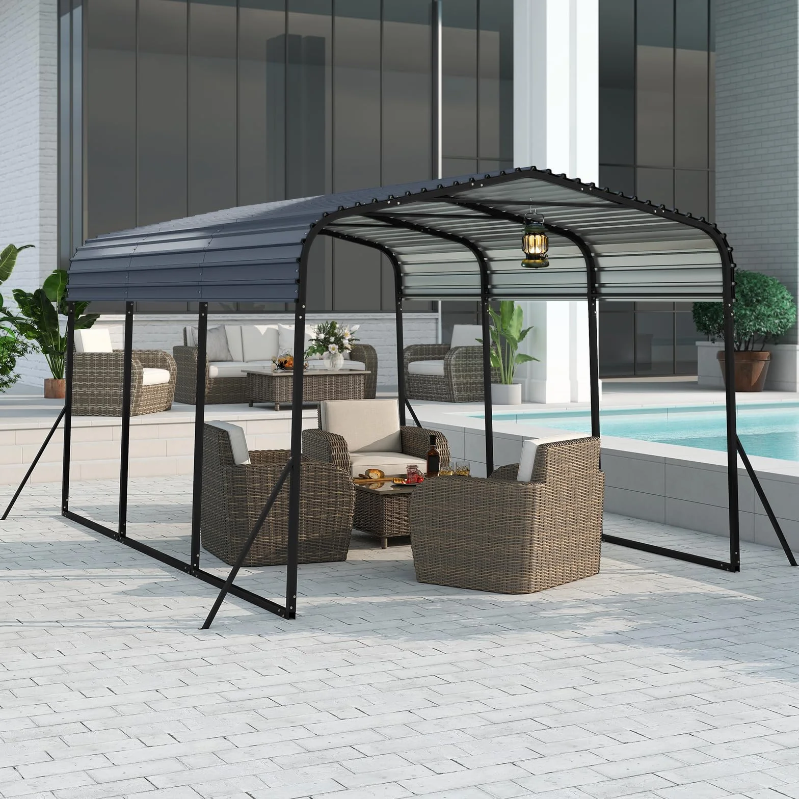 COSTWAY Tenda da Garage 440 x 300 cm, Tettoia per Auto in Metallo con Base Rinforzata e 4 Gambe Inclinate Aiiunte, Gazebo da Esterno per SUV, Feste e Barbecue