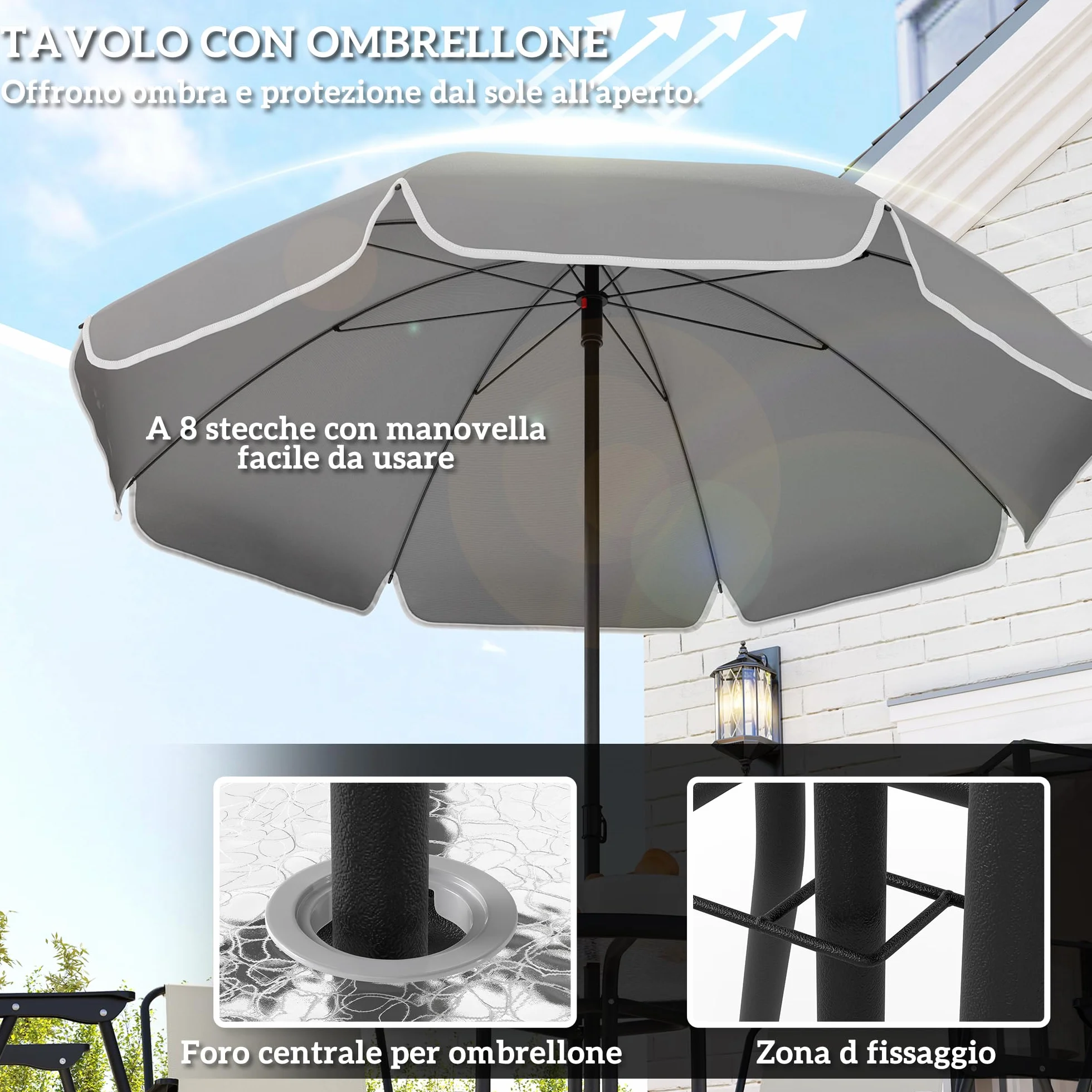 Outsunny Set Tavolo e Sedie da Giardino 6 Pezzi Acciaio Ombrellone, Mobili 4 Sedie Pieghevoli Textilene Tavolo Rotondo Vetro, Esterno Patio Terrazzo Crema