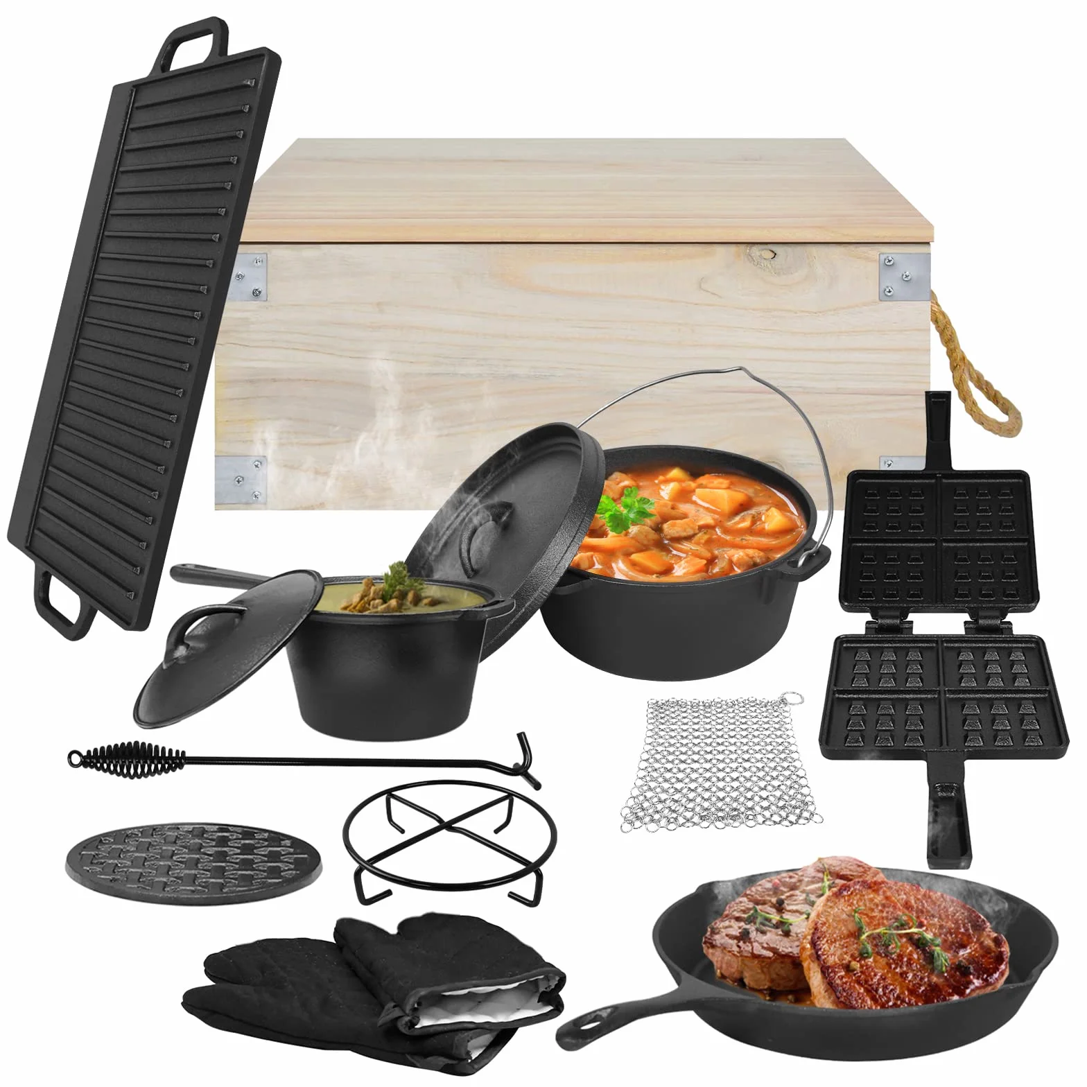 UISEBRT Dutch Oven Set in scatola di legno - Set Forno Olandese con forno olandese, molti accessori in Ghisa, già cotto, con Dutch Oven, padella e coperchio