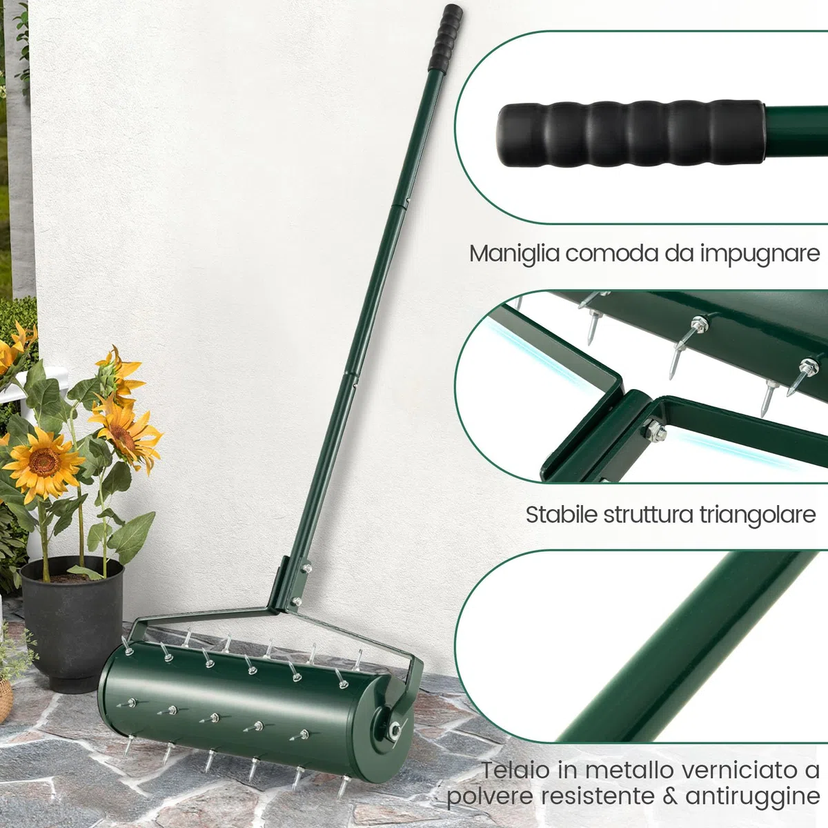 RELAX4LIFE Aeratore Prato Rullo 52 cm 33 Punte Antiruggine 3,4 cm Manico Lungo