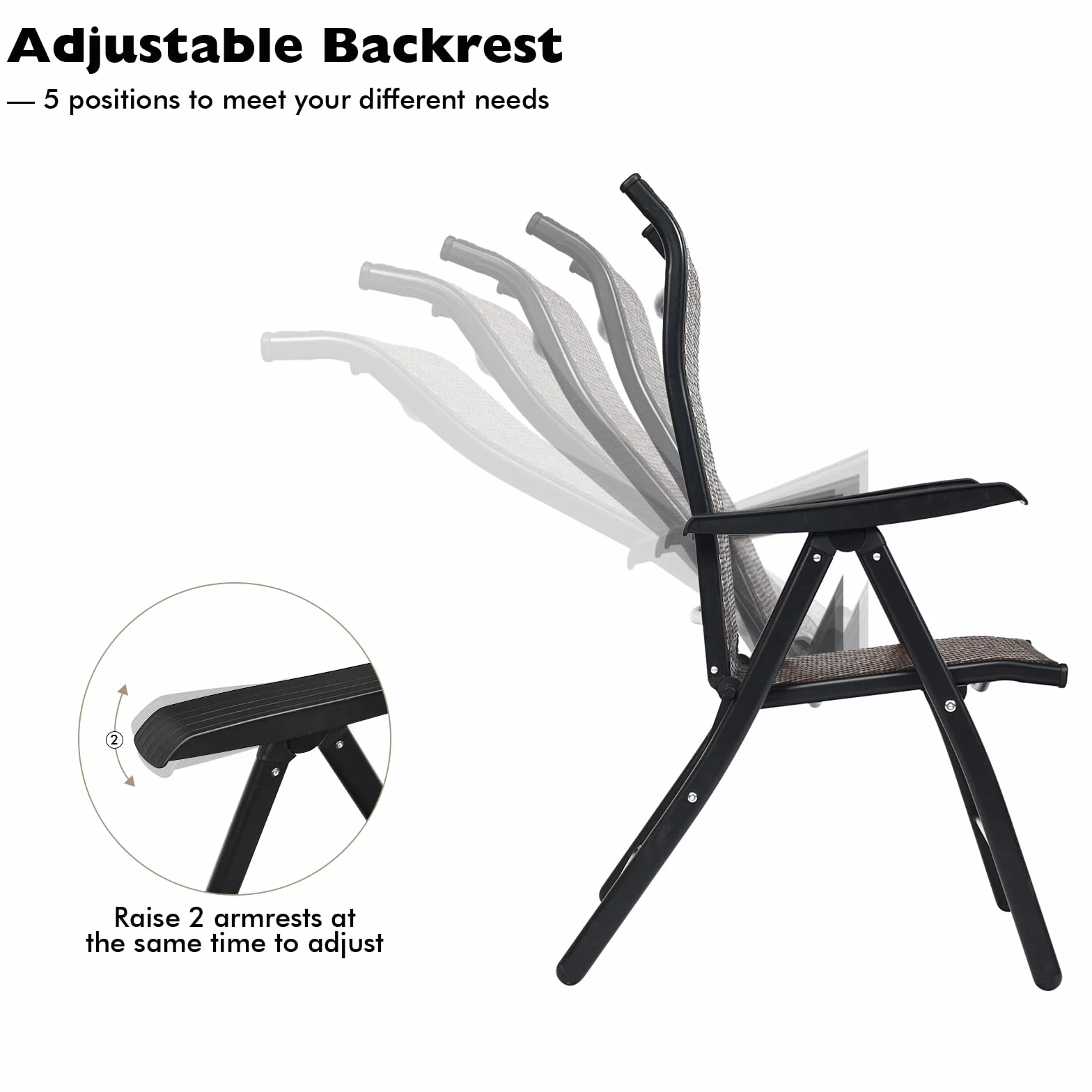 LIFEZEAL Sedia da Giardino in Rattan PE, Sedie Pieghevoli da Interno e Esterno, Poltrona di Vimini con Schienale Reclinabili per Balcone, Sedia a Sdraio con Telaio in Metallo, Portata 120 kg (1)
