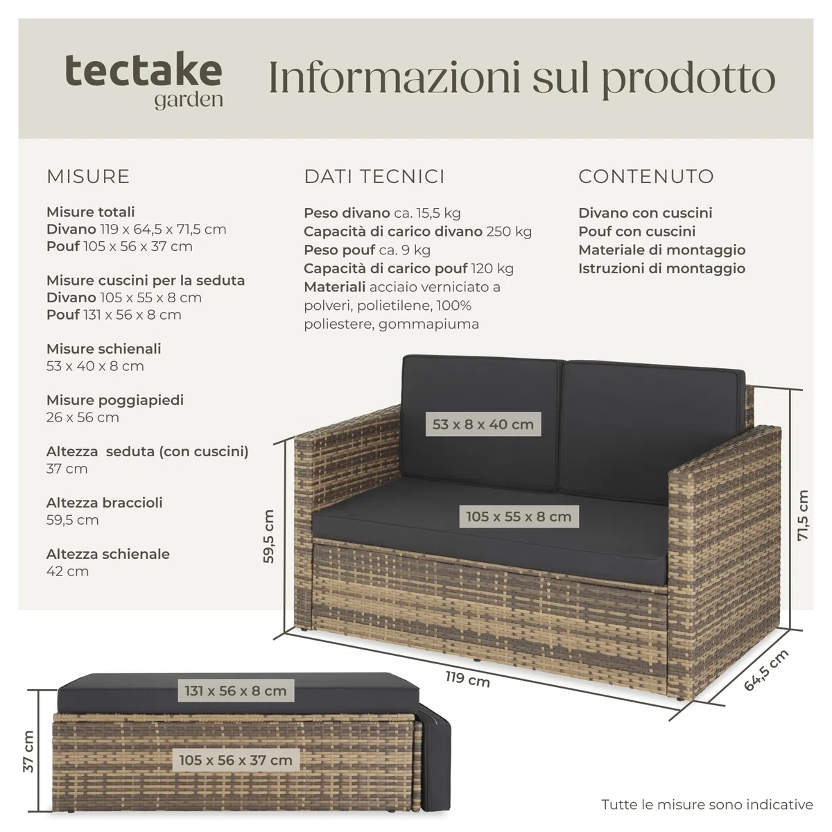 tectake® Divano Lounge in Rattan Corfù, Componibile, Pouf con Sostegno Pieghevole, Cuscini Spessi, Telaio in Acciaio Verniciato, Alta Qualità, Comfort Superiore - Naturale