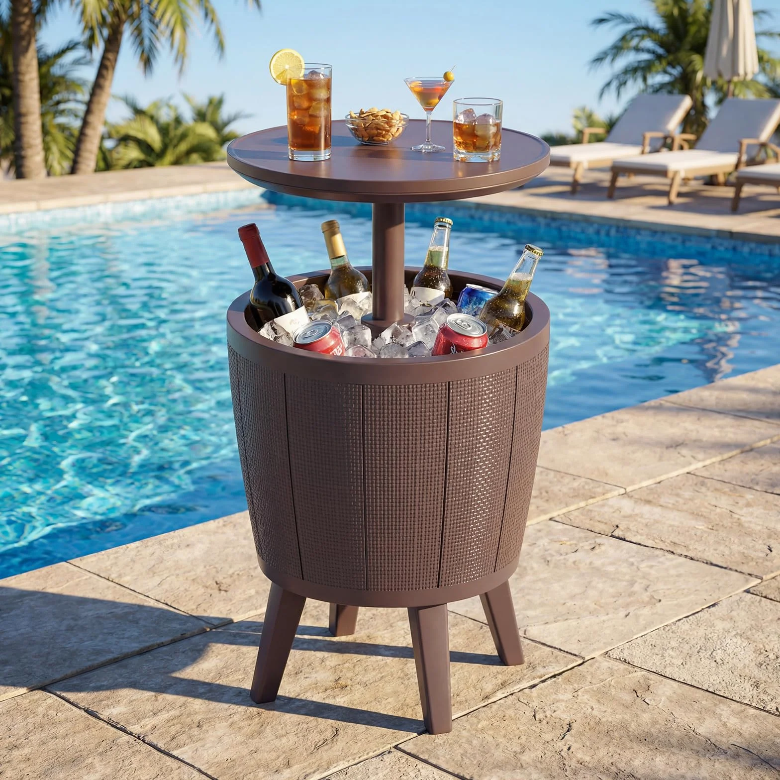COSTWAY 2 in 1 Tavolino Frigo 38L da Esterno, Secchiello Ghiaccio Regolabile in Altezza 49 x 59-84H cm, Tavolo Bar con Tappo di Drenaggio, per Piscina, Cortile e Campeggio (Marrone)