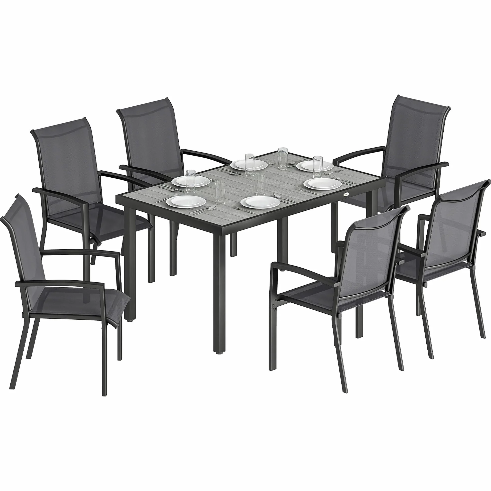 Outsunny Set Tavolo e Sedie da Giardino 7 Pezzi, Mobili da Esterno con Tavolo Rimovibile e 6 Sedie Impilabili in Texteline Grigio