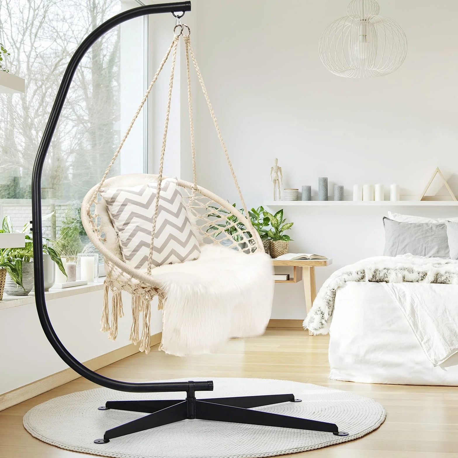 KOMFOTTEU Telaio per amaca, telaio per poltrona sospesa con gancio, supporto stabile e sicuro, carico massimo 150 kg, supporto C per poltrona sospesa in interni, patio, giardino