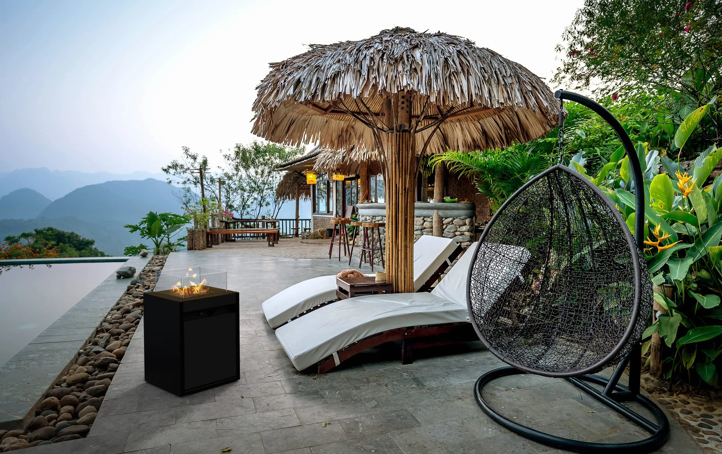 Planika Square Caminetto Decorativo da Giardino a Gas GPL Resistente alle Intemperie con Copertura