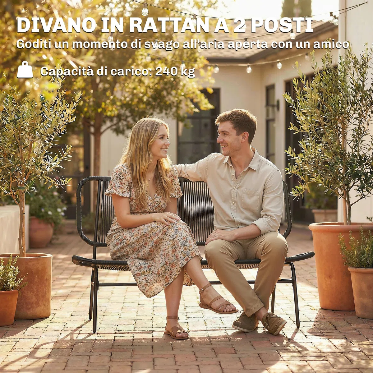 Outsunny Divano da Giardino 2 Posti in Rattan PE, Divanetto da Esterno Seduta e Schienale Intrecciati, Telaio in Acciaio, Divano da Esterno, per Terrazza e Cortile, Capacità 240 kg, Nero