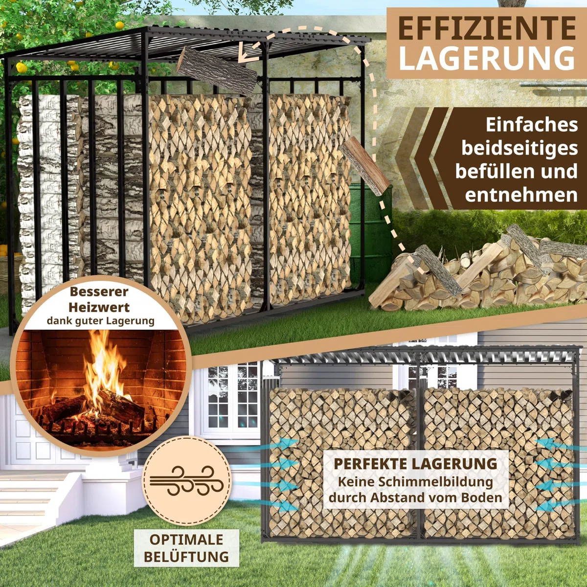 Zewnętrzny stojak na drewno metalowy z dachem 300x105x185 cm