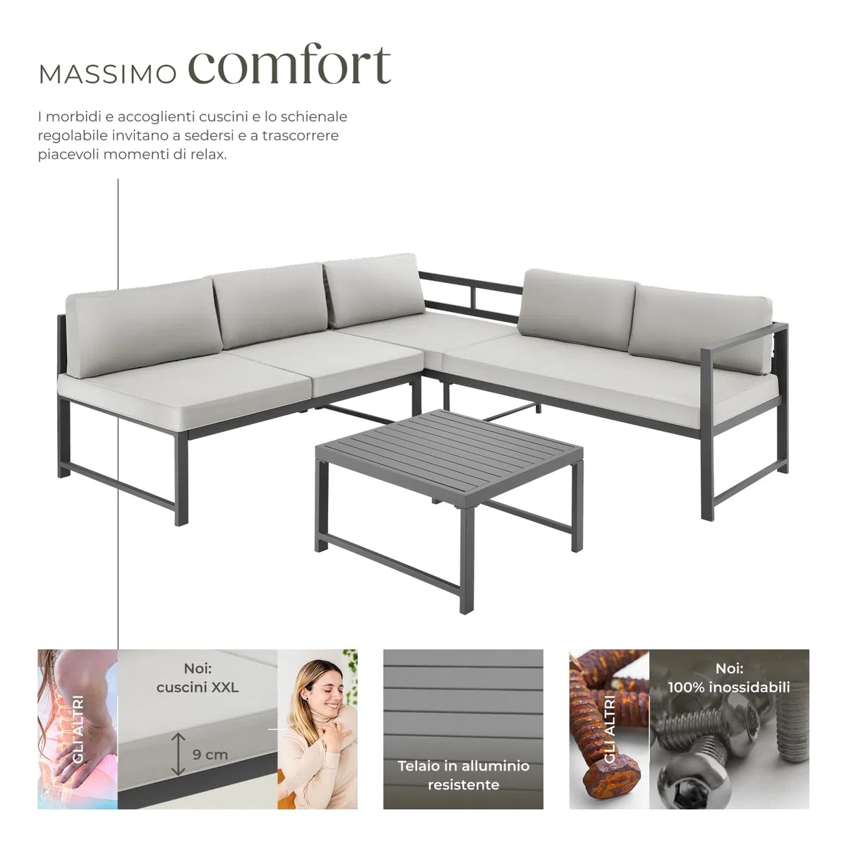 tectake® Set da Giardino, 2 Divani con Morbidi Cuscini, 1 Tavolino Salotto, Salotto da Giardino Esterno, Arredo Giardino per Esterno, Set Giardino Esterno Design Moderno - Grigio