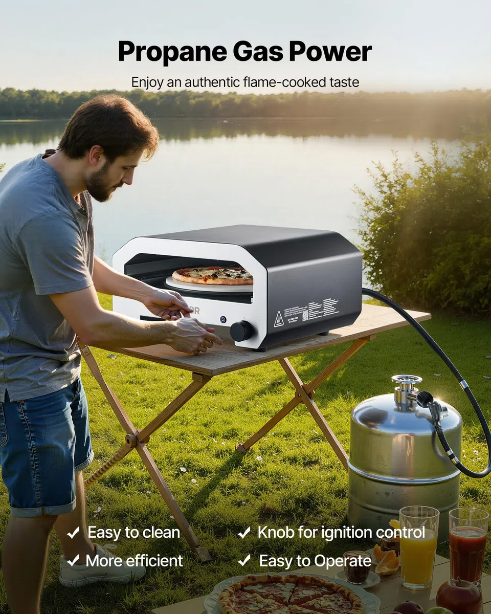 VEVOR Forno per Pizza da Esterno, Macchina per Pizza Portatile a Gas Propano 406 mm, Rotazione Elettrica, Pietra Spessa