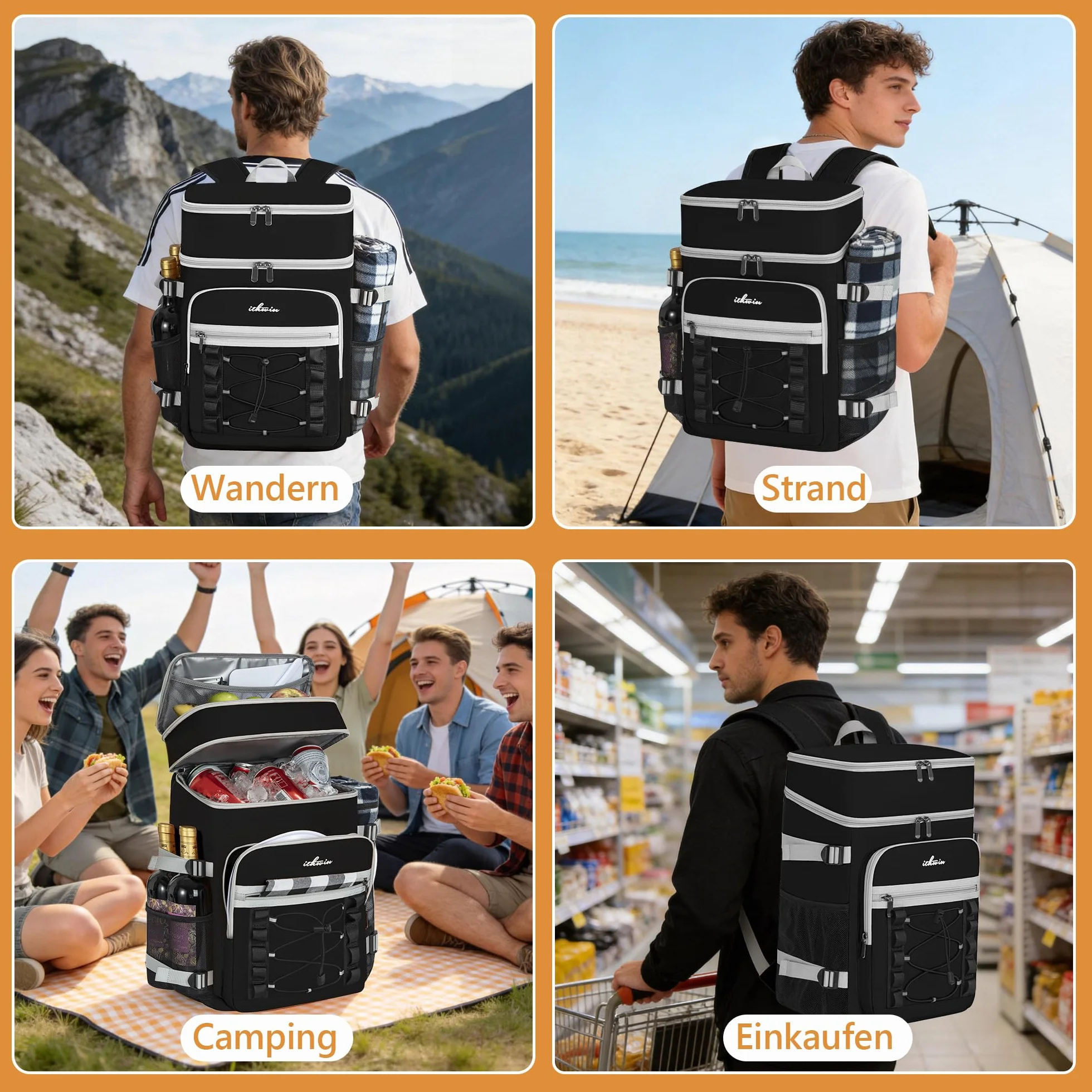 OUUTMEE Zaino refrigerante impermeabile a doppio strato per picnic, spiaggia, escursioni, nero