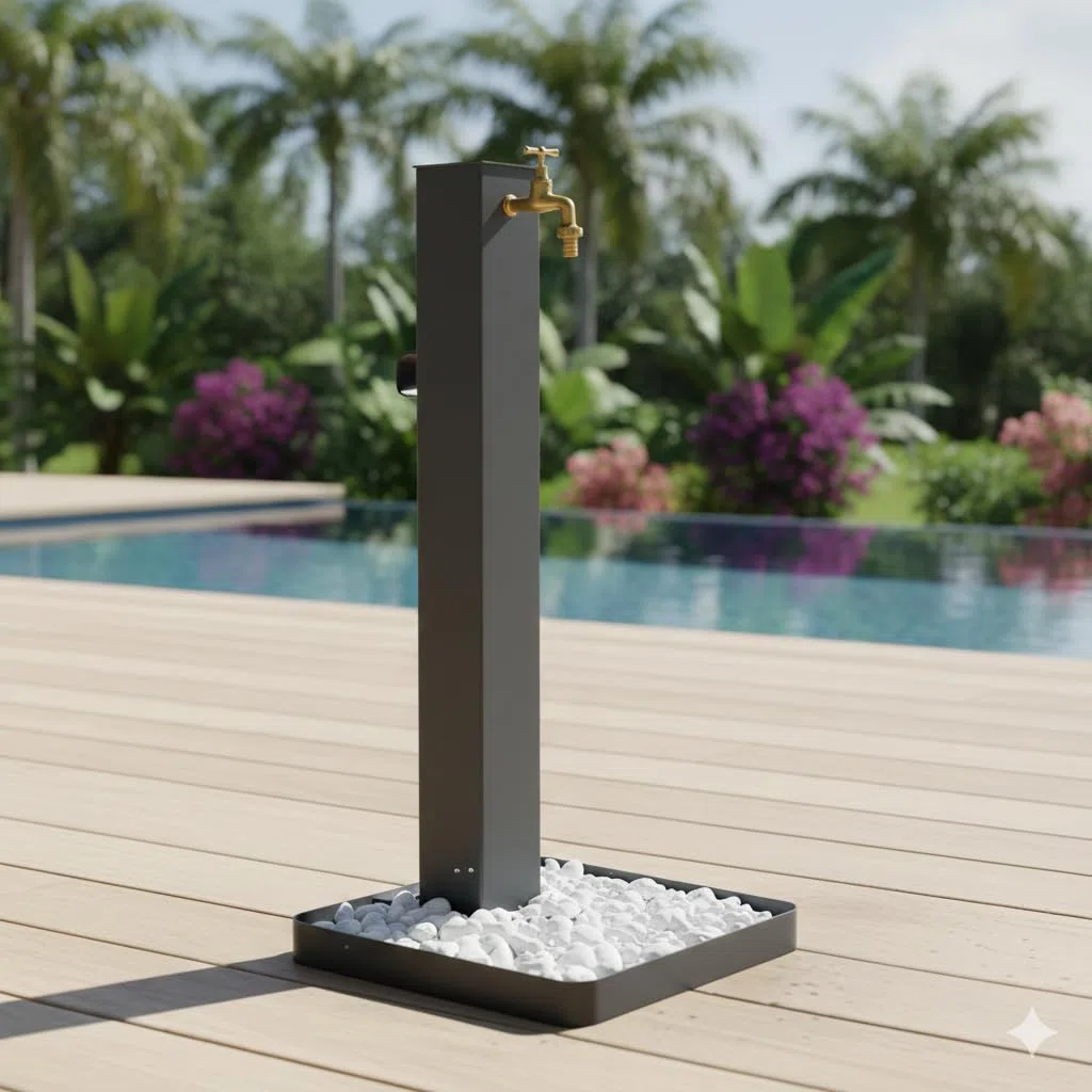 Fontana da Giardino Design a Colonna Quadrata Rubinetto in Ottone Base Ciottoli Antracite