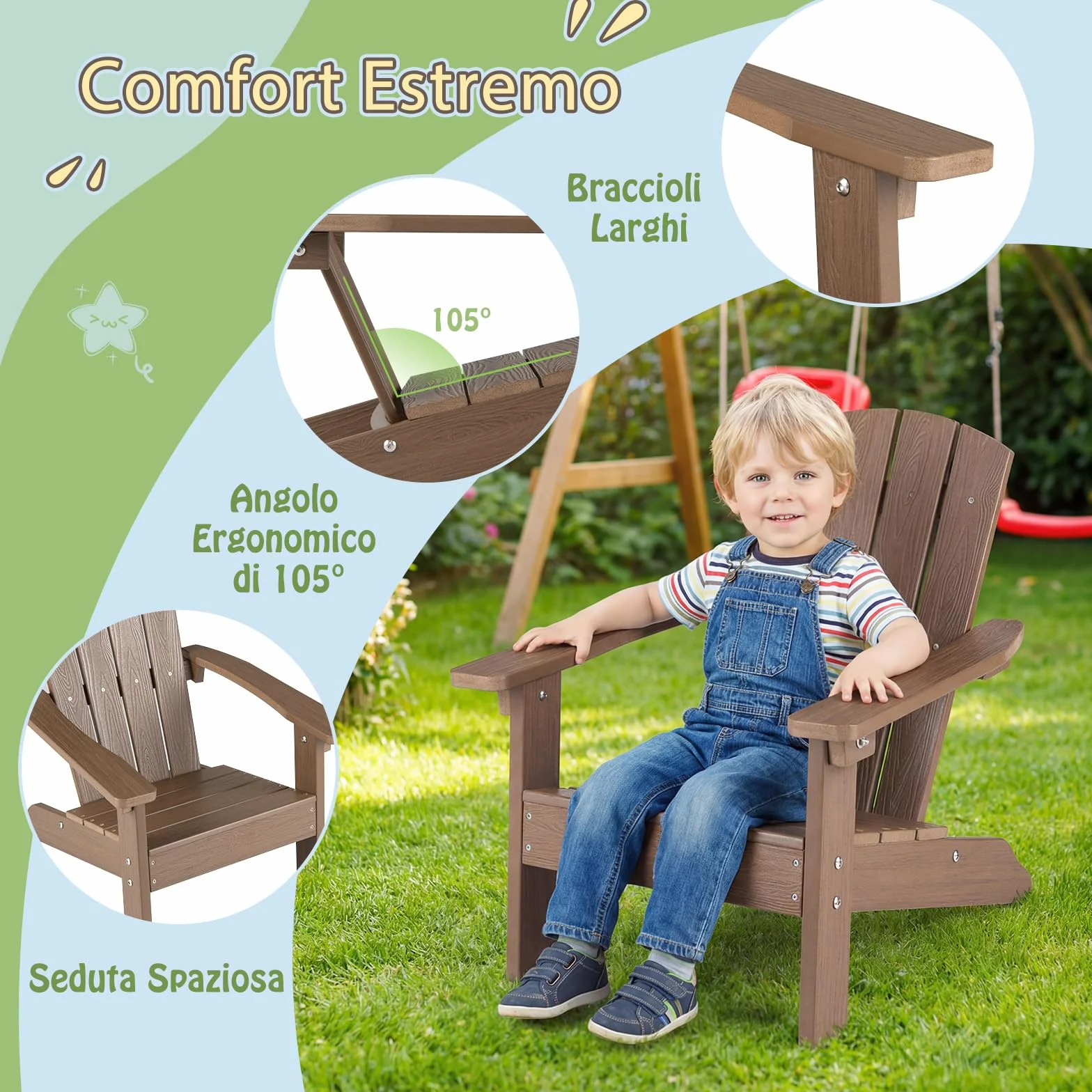 COSTWAY Sedia Adirondack per Bambini, Poltrona da Giardino in Plastica Resistente alle Intemperie con Schienale a Doghe Inclinato, Sedia Adirondack per Patio e Balcone, Portata 75 kg (Marrone)