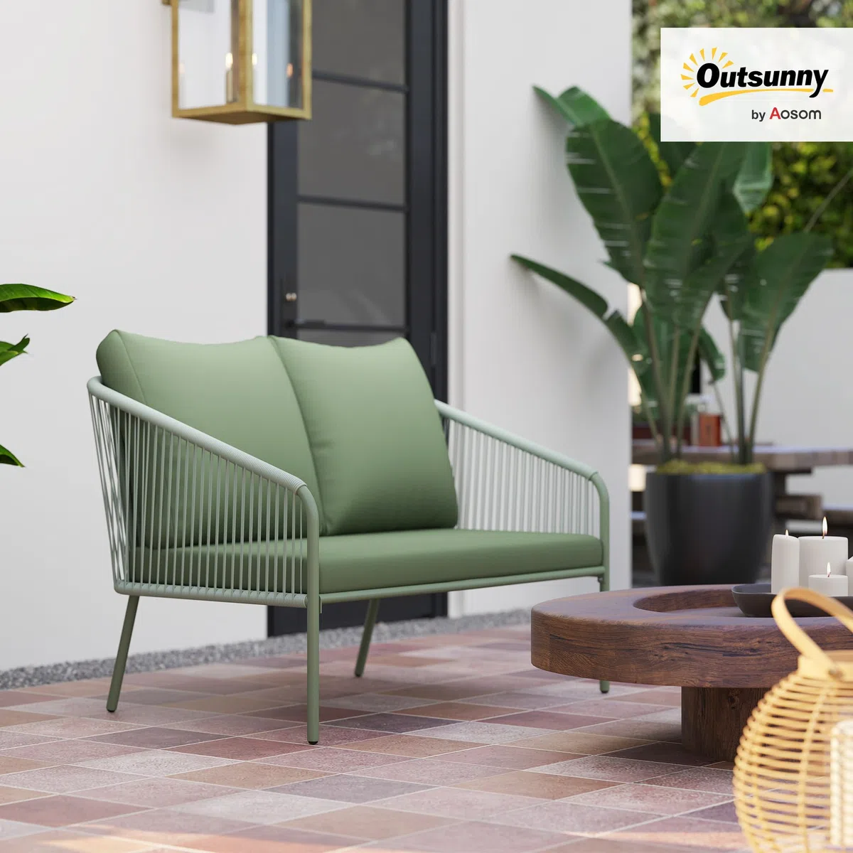 Outsunny Divano da Giardino 2 Posti in Rattan PE, Divanetto da Esterno in Stile Boho con Cuscini Sfoderabili, Braccioli e Telaio in Acciaio, Divano da Esterno, per Terrazza e Cortile, Verde