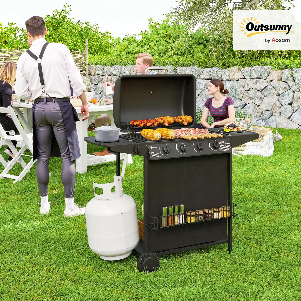 Outsunny Barbecue a Gas 4+1 Bruciatori con Coperchio e Termometro, Griglie, Tavolino Laterale, Nero